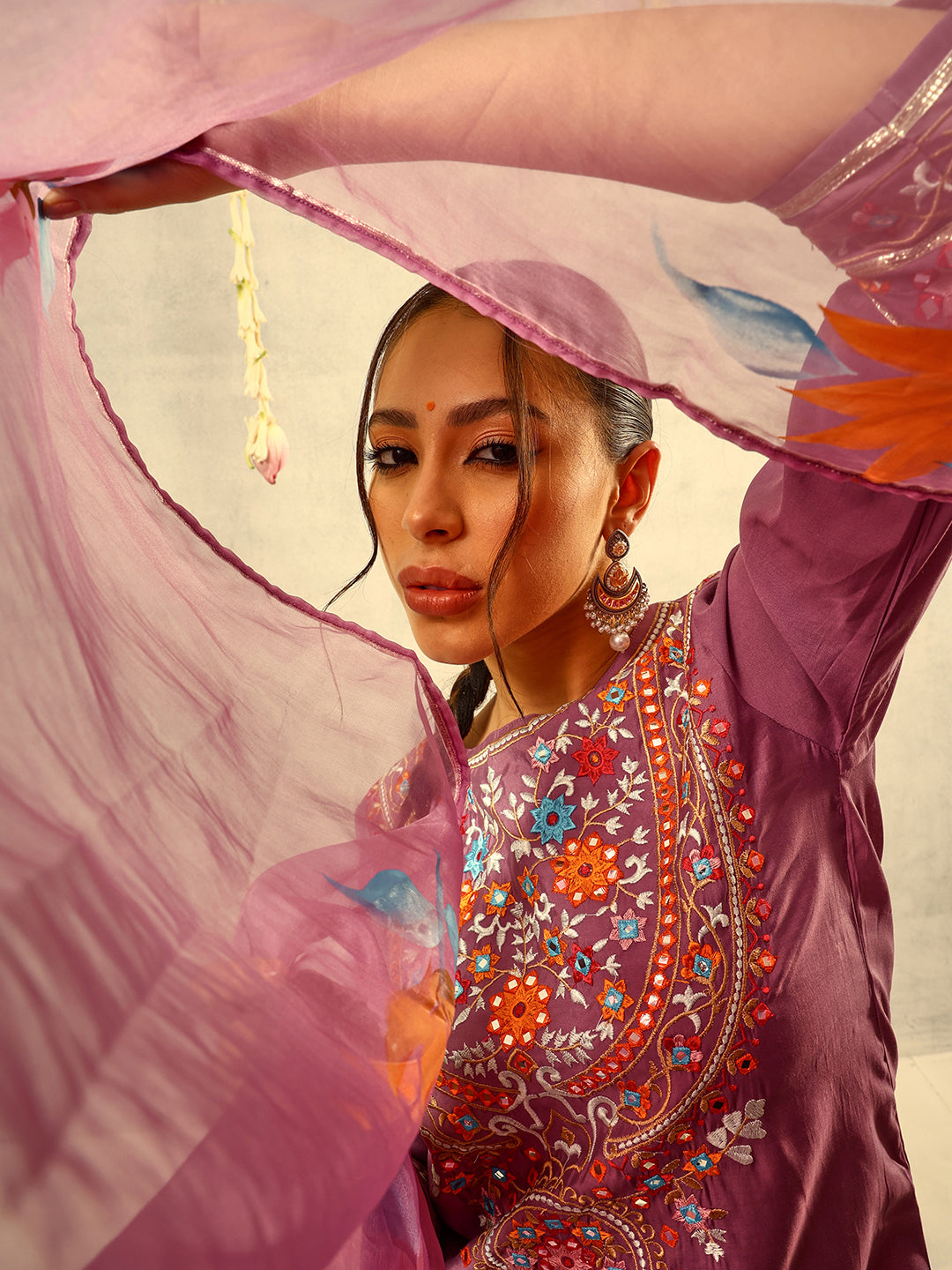 Purple Mirror & Thread Embroidered  Festive Kurta with Trouser & hand painted Dupatta