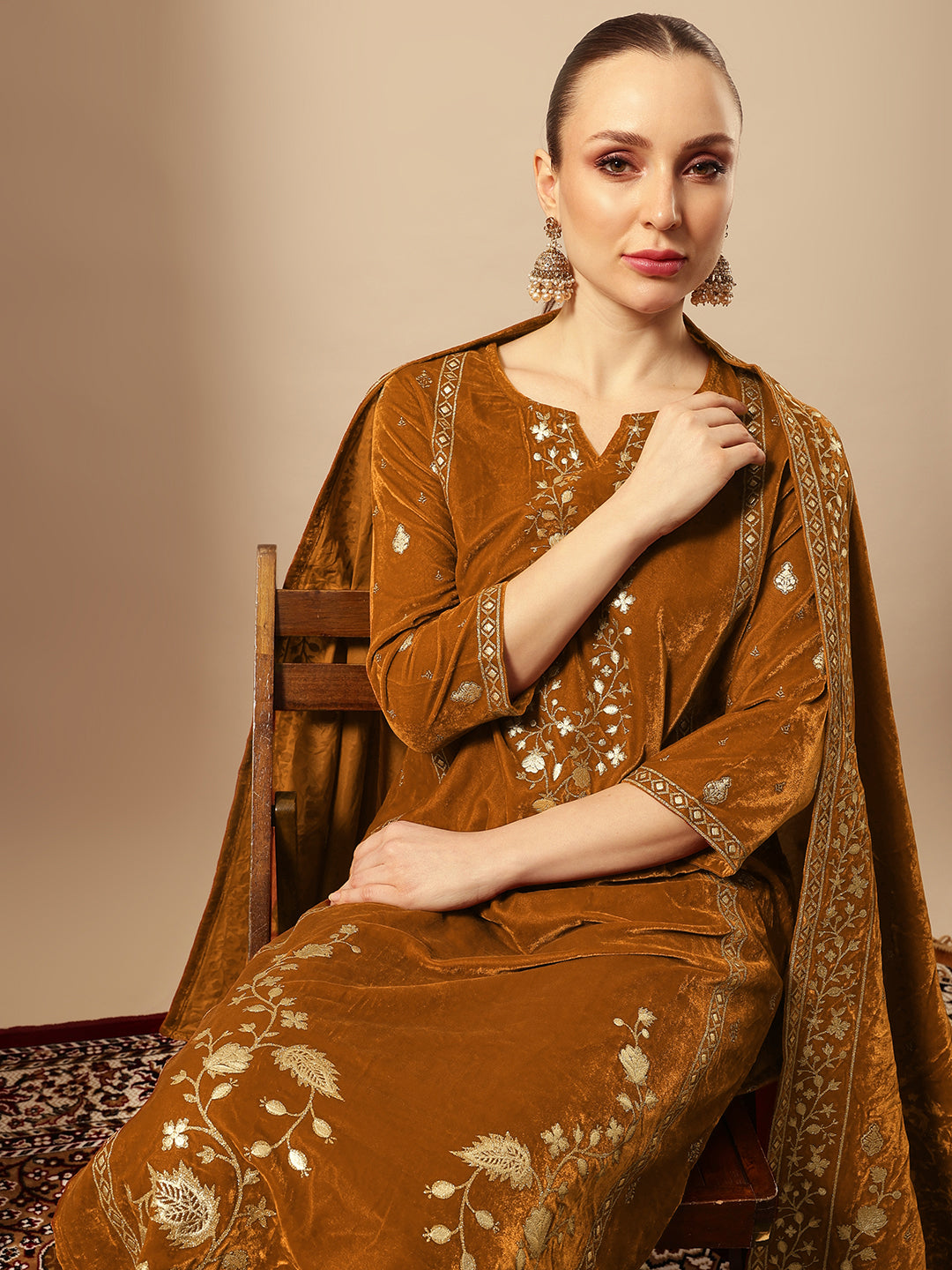 Rich Gold Velvet Gold Print Straight Kurta sets with dupatta