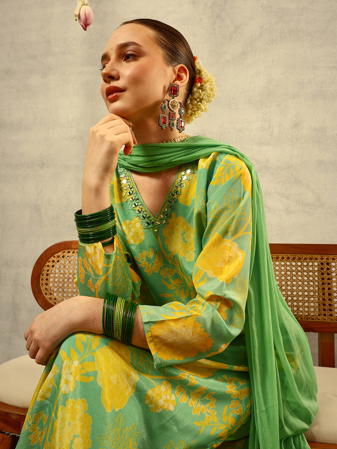 Green Digital Floral Printed & Mirror Embroidered Straight Kurta with Trouser & Dupatta