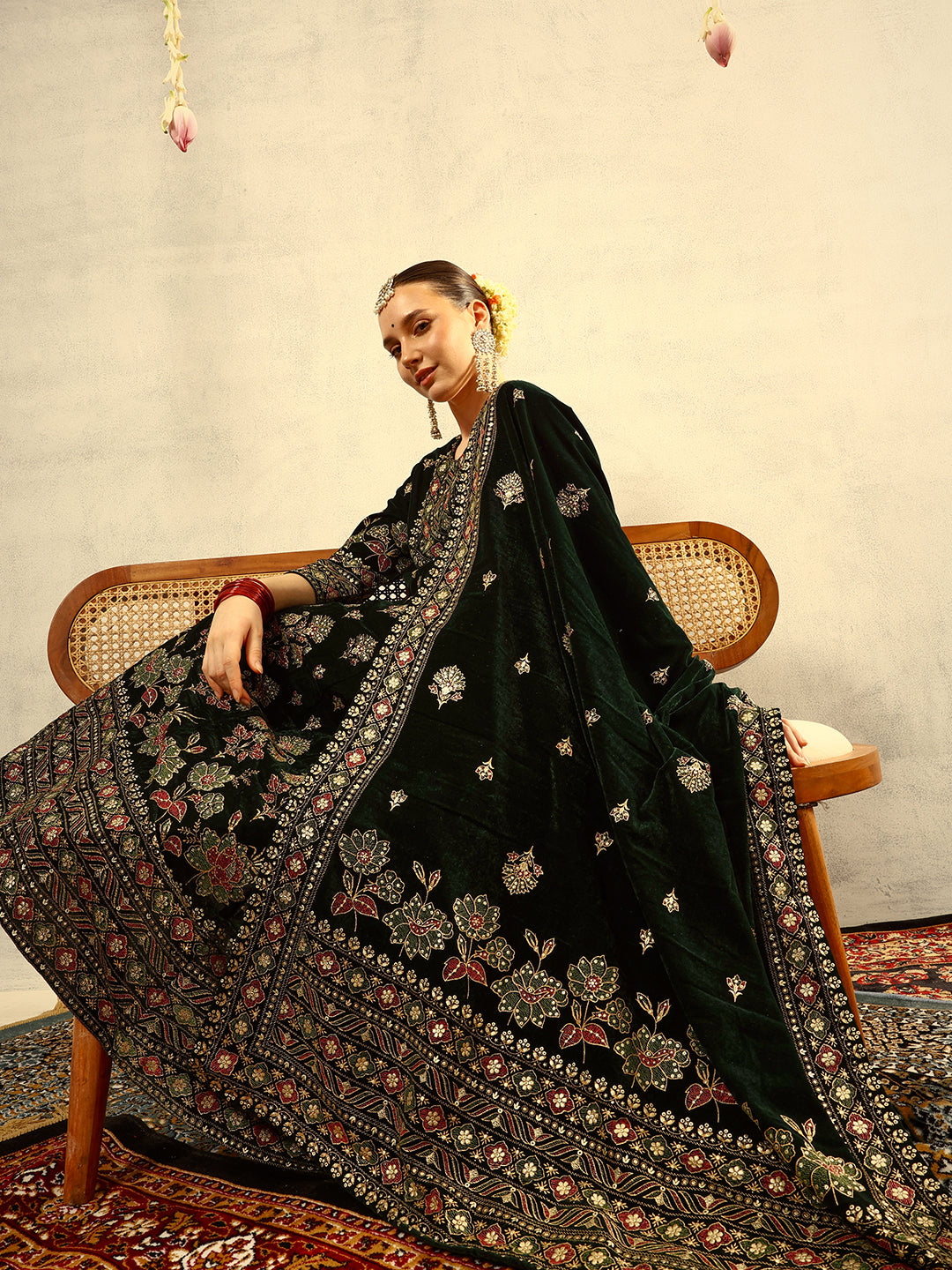 Ishin Green Gold Printed Anarkali Festive Kurta with Trouser & Velvet Dupatta