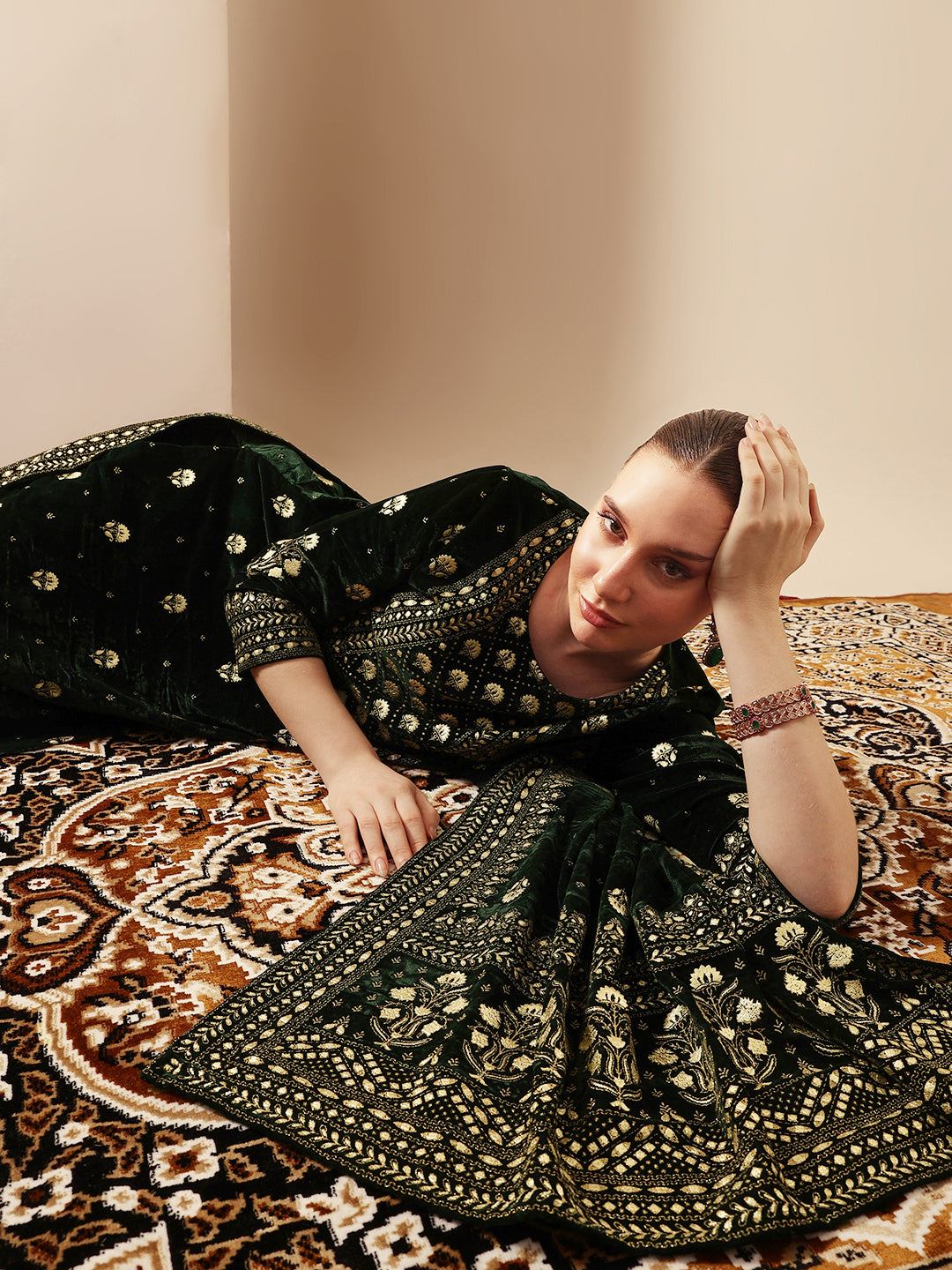 Rich Dark Green Velvet Gold Print Straight Kurta sets with dupatta