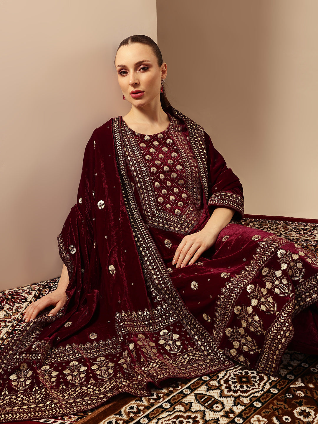 Rich Wine Velvet Gold Print Straight Kurta sets with dupatta