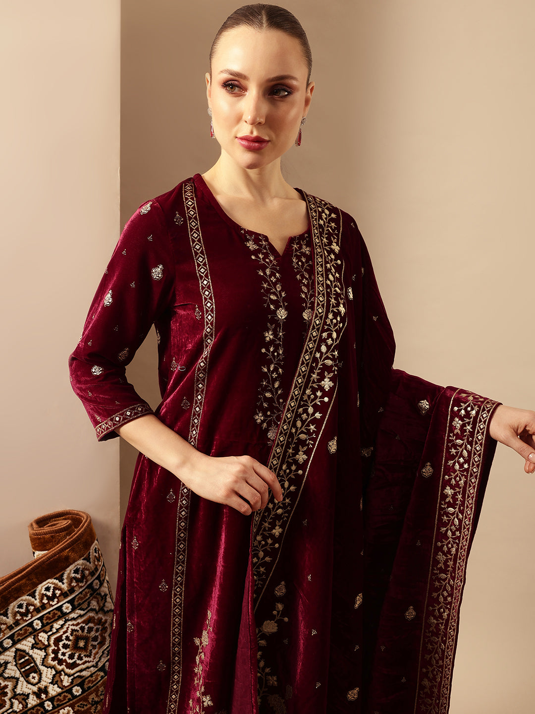 Rich Wine Velvet Gold Print Straight Kurta sets with dupatta