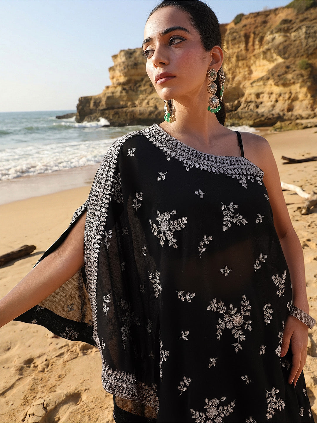 Rich Chinon Embroidered Black Embroidered A Line Co-Ords ShararaBottom