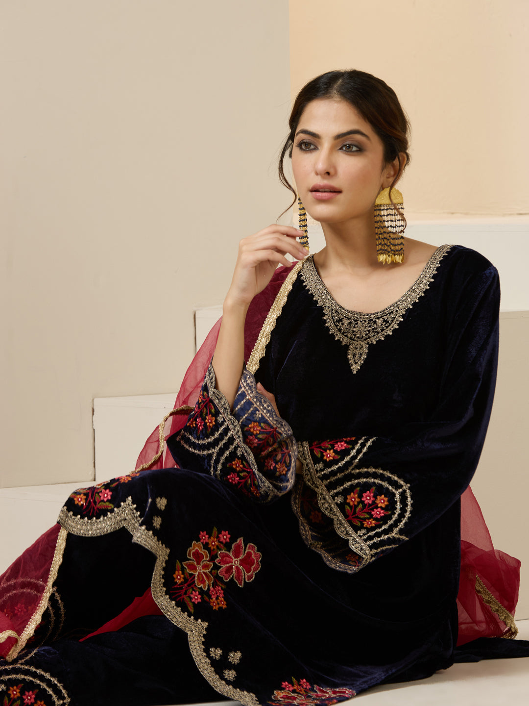 Rich Navy Velvet Zari Embroidered Straight Kurta Set With Dupatta