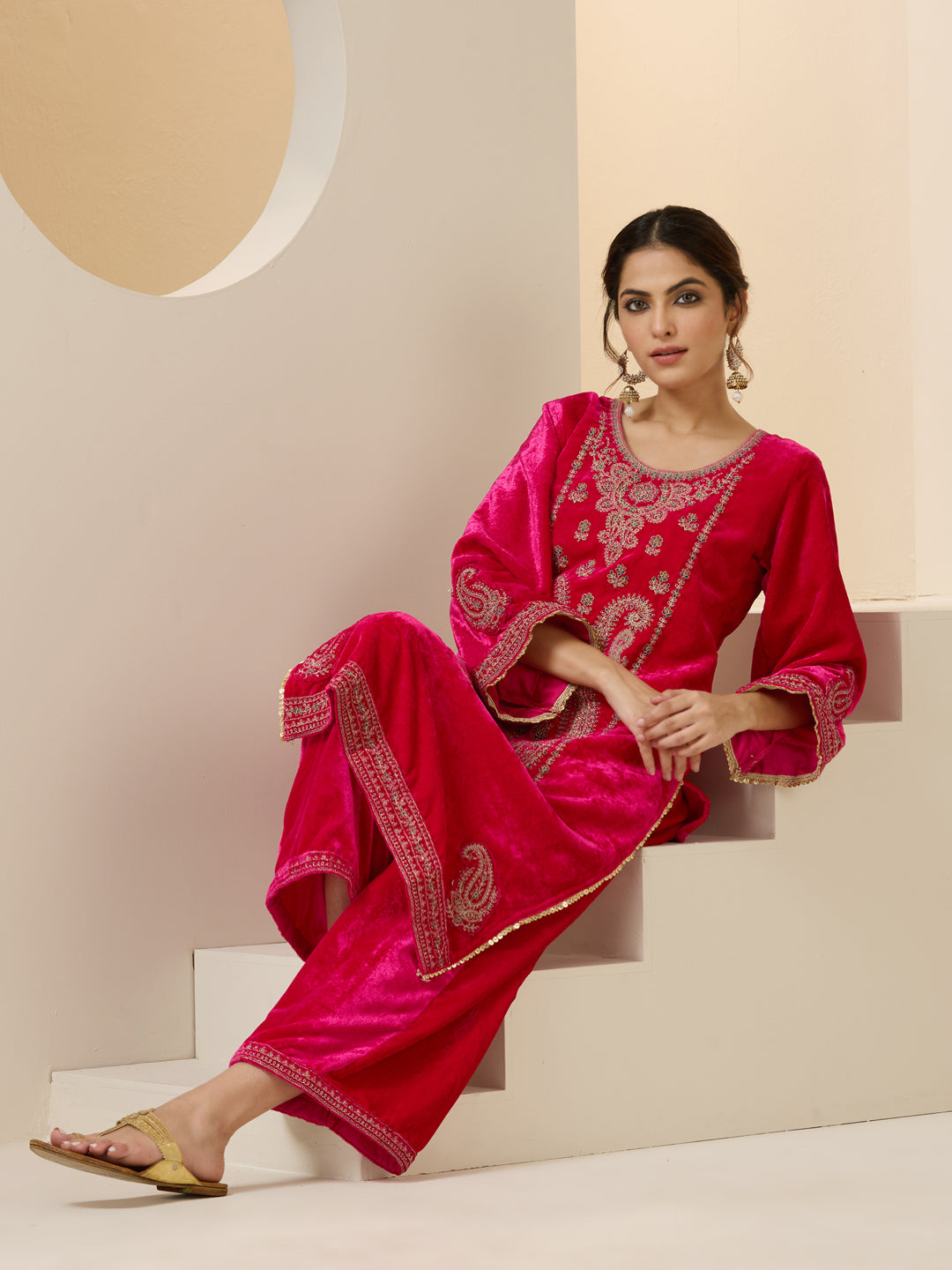 Pink Velvet Zari Embroidered Straight Kurta Set With Flared Bottom
