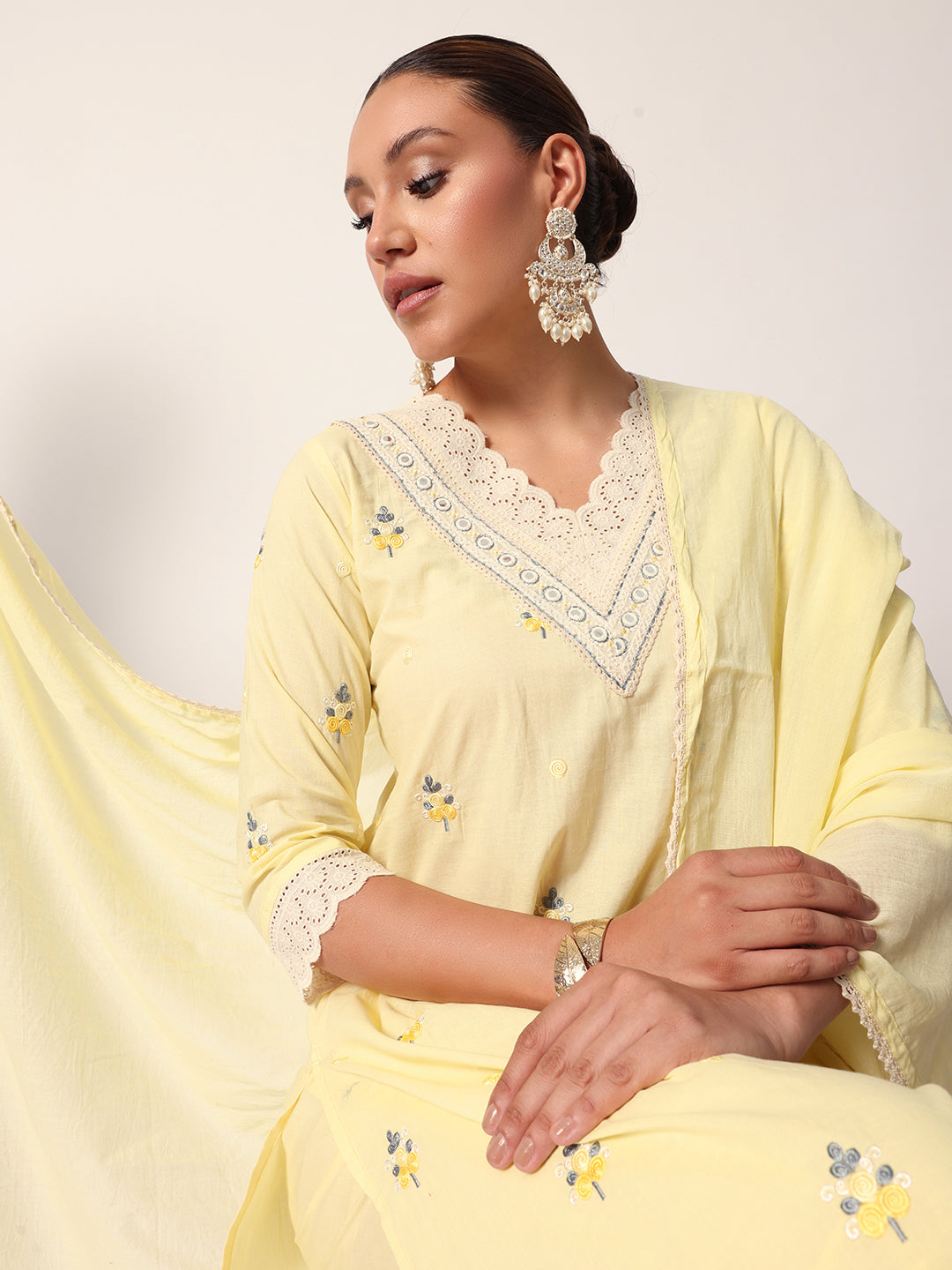 Comfy Yellow cotton embroidered shiffly scalloping straight fit kurta set with dupatta