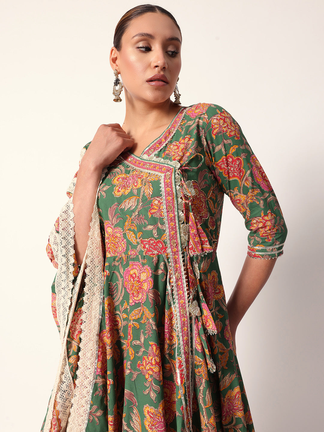Graceful green cotton floral printed angrakha fit kurta set with dupatta
