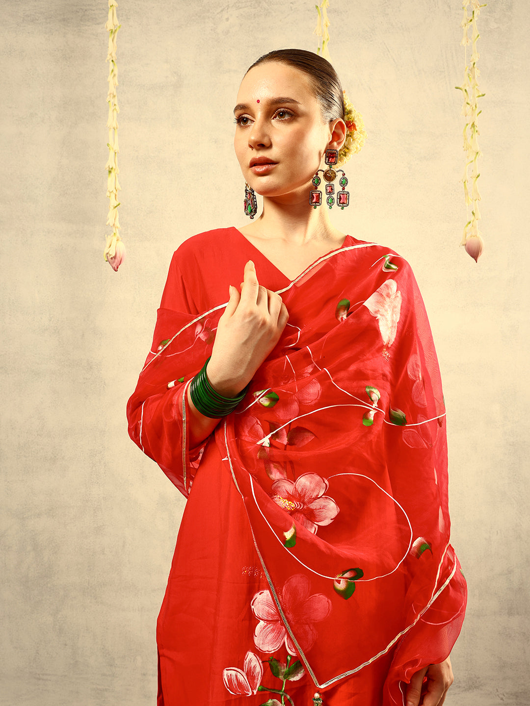 Red Floral Hand Painted Kurta with Trouser and Dupatta