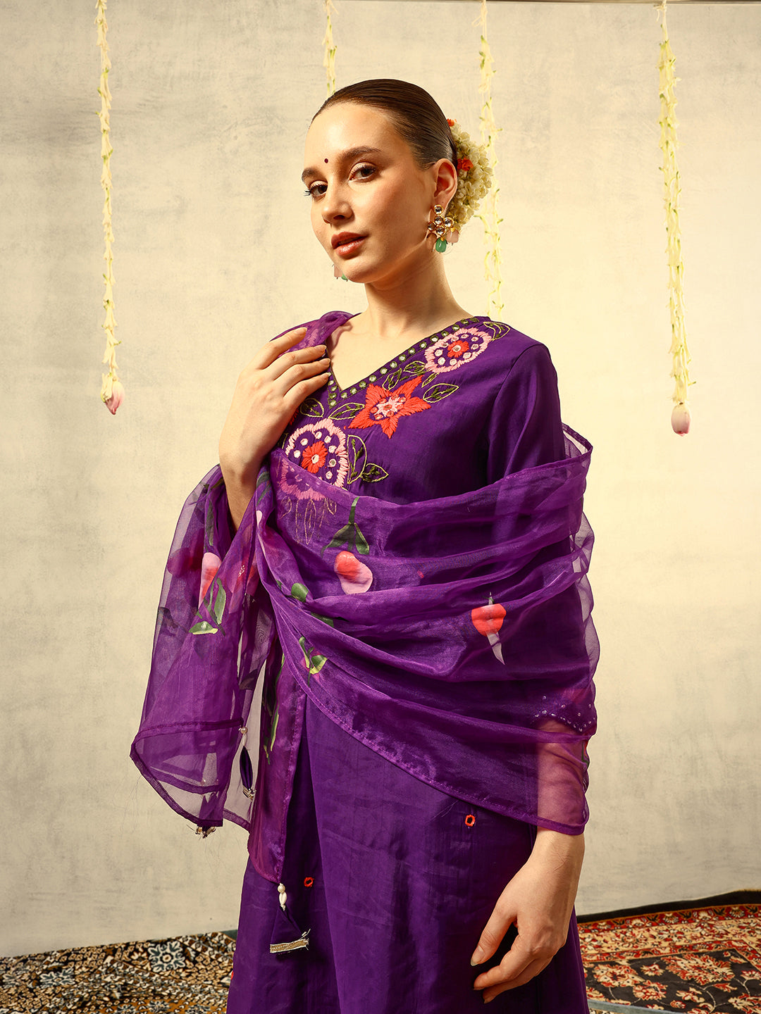 Ishin Purple Mirror & Thread Embroidered  Festive Kurta with Trouser & Hand Painted Dupatta