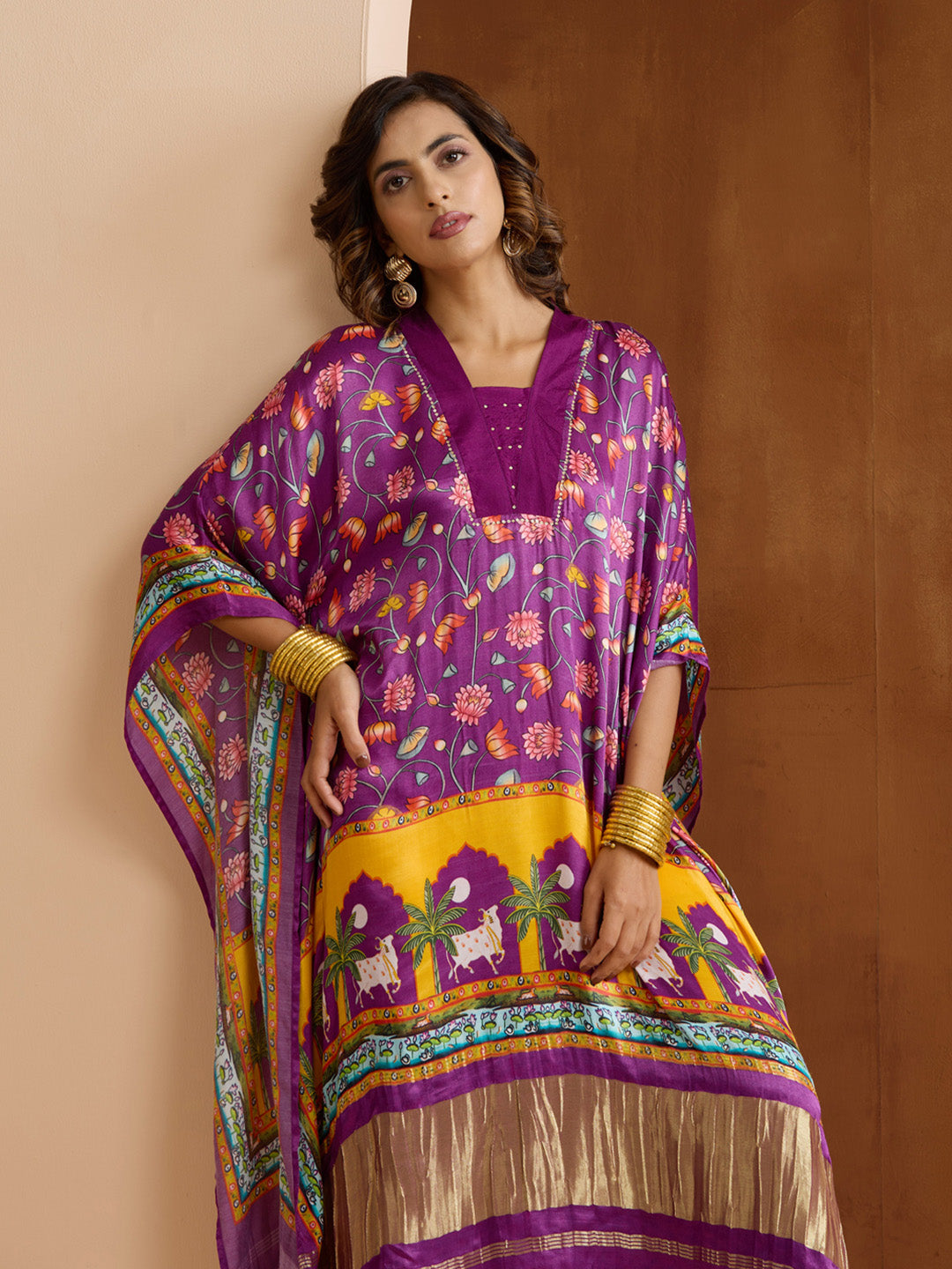 Graceful Purple Viscose Rayon floral printed Kaftan with tassels