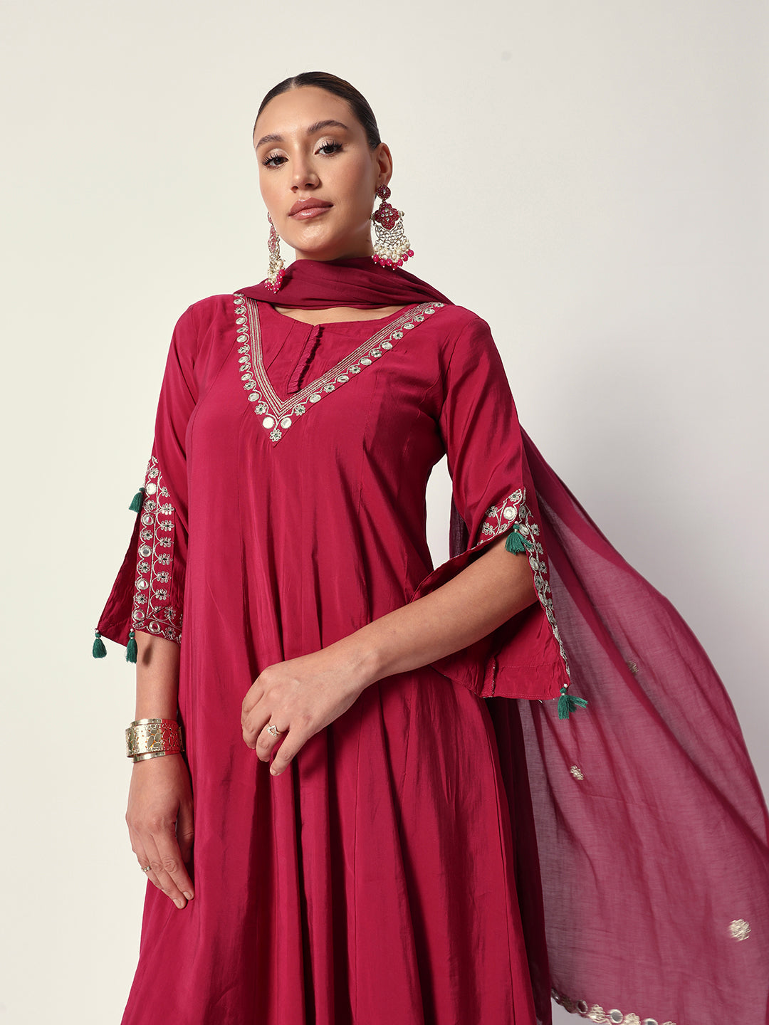Graceful Pink poly silk zari embroidery anarkali fit kurta set with dupatta