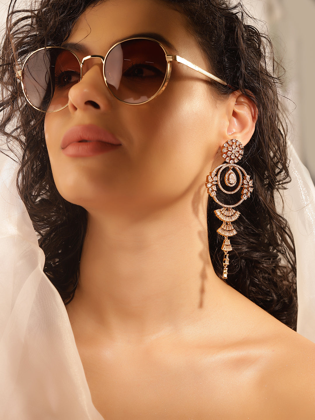 White Colour Gold Plated AD Drop Earring