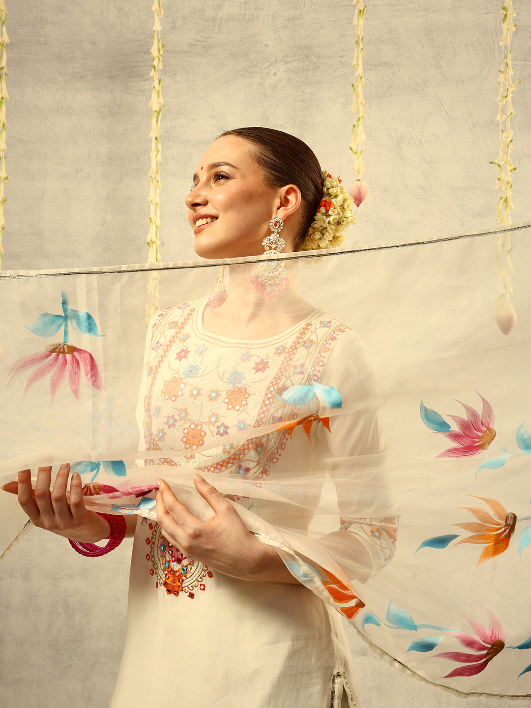 Off White Mirror & Thread Embroidered  Festive Kurta with Trouser & hand painted Dupatta