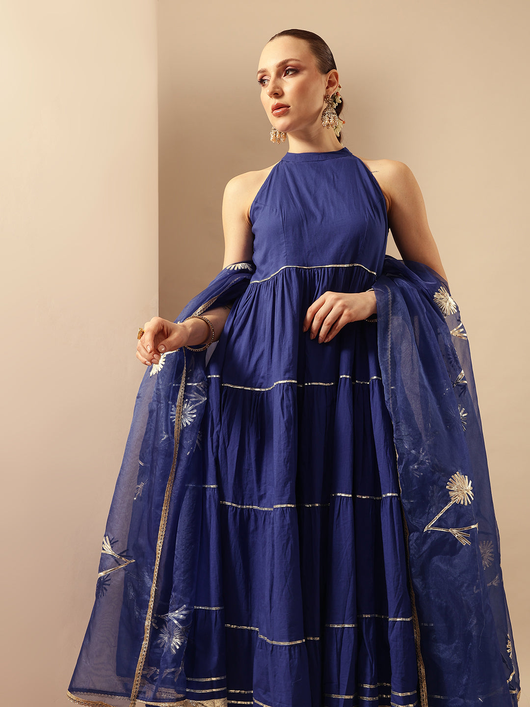 Comfy Royal Blue Organza Embroidered Anarkali Kurta Sets