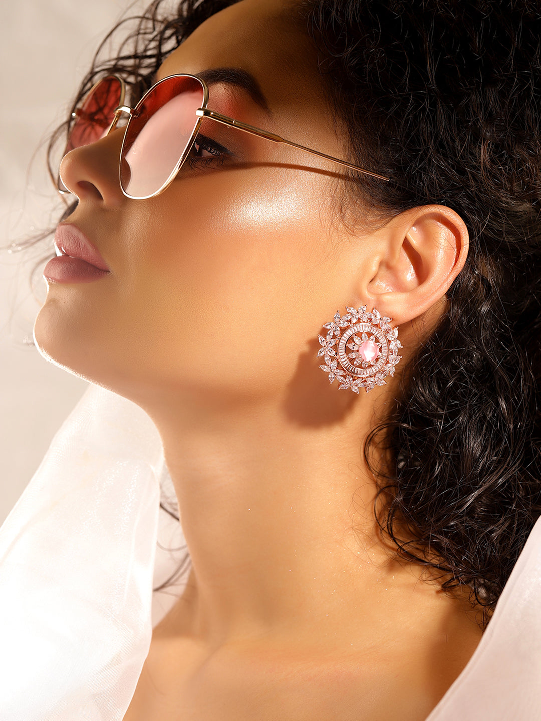 Pink Colour Gold Plated AD Studs Earring