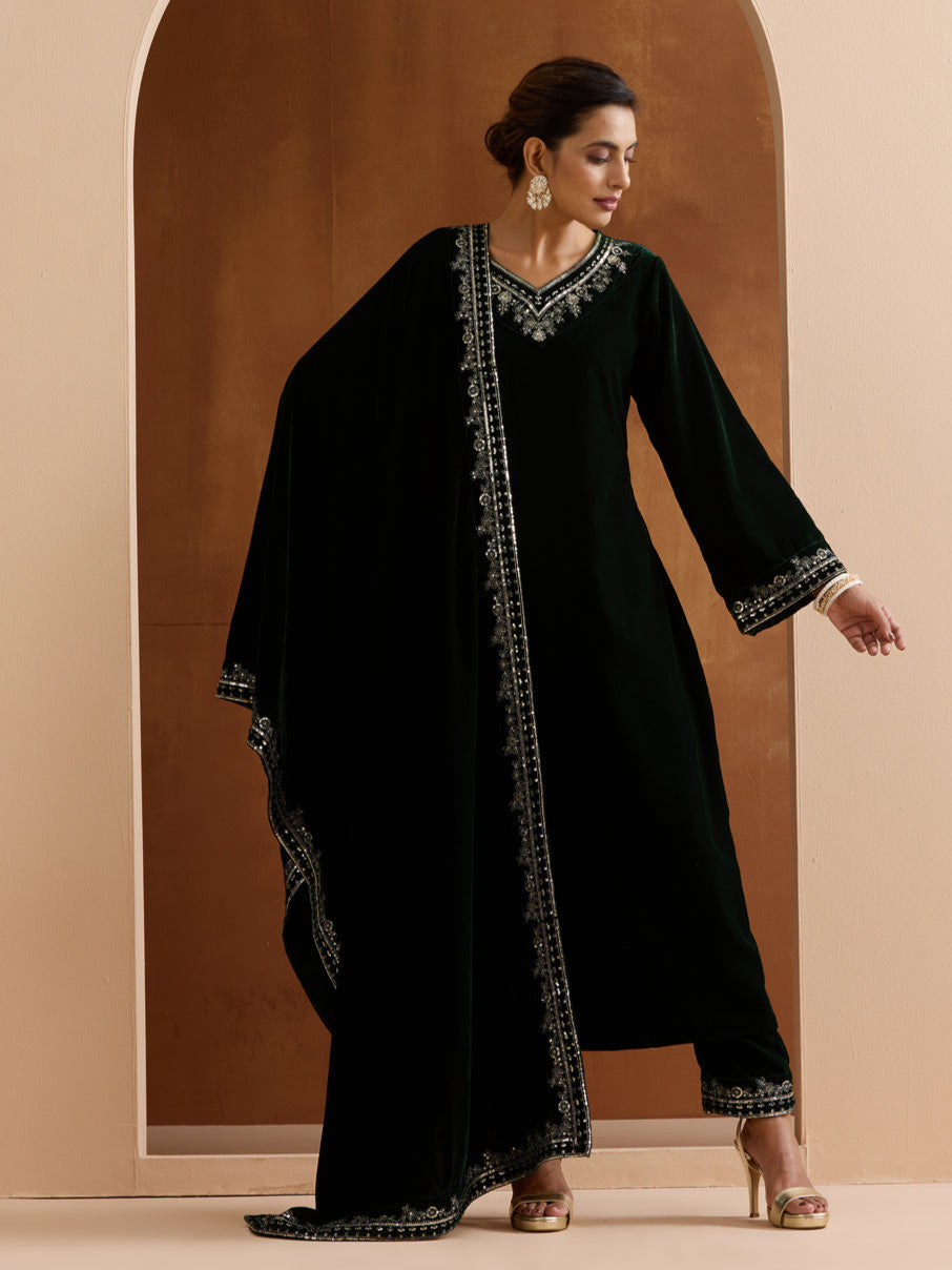 Rich Green Velvet Zari Embroidery Aline Kurta set with dupatta