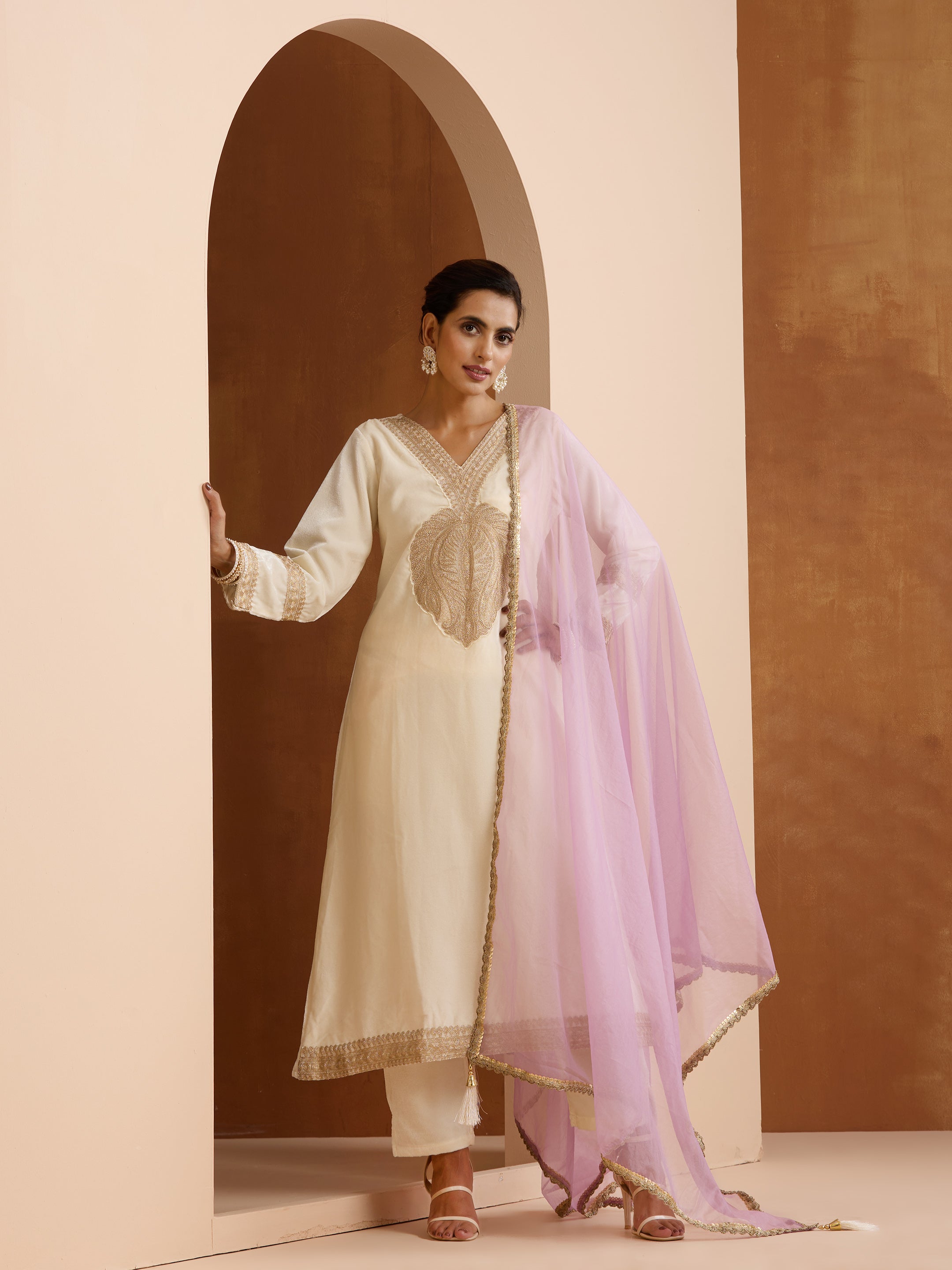 Rich Off-White Velvet Embroidered Straight Kurta Set With Dupatta