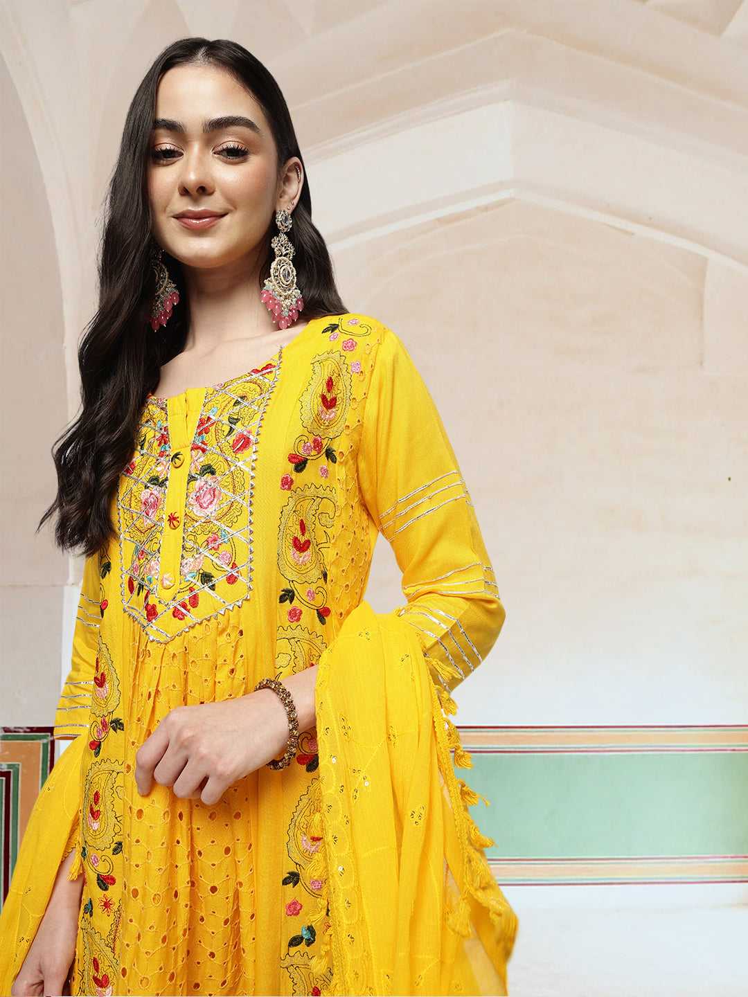 Graceful Yellow Rayon Schiffli Embroidered A-line Kurta Set with dupatta
