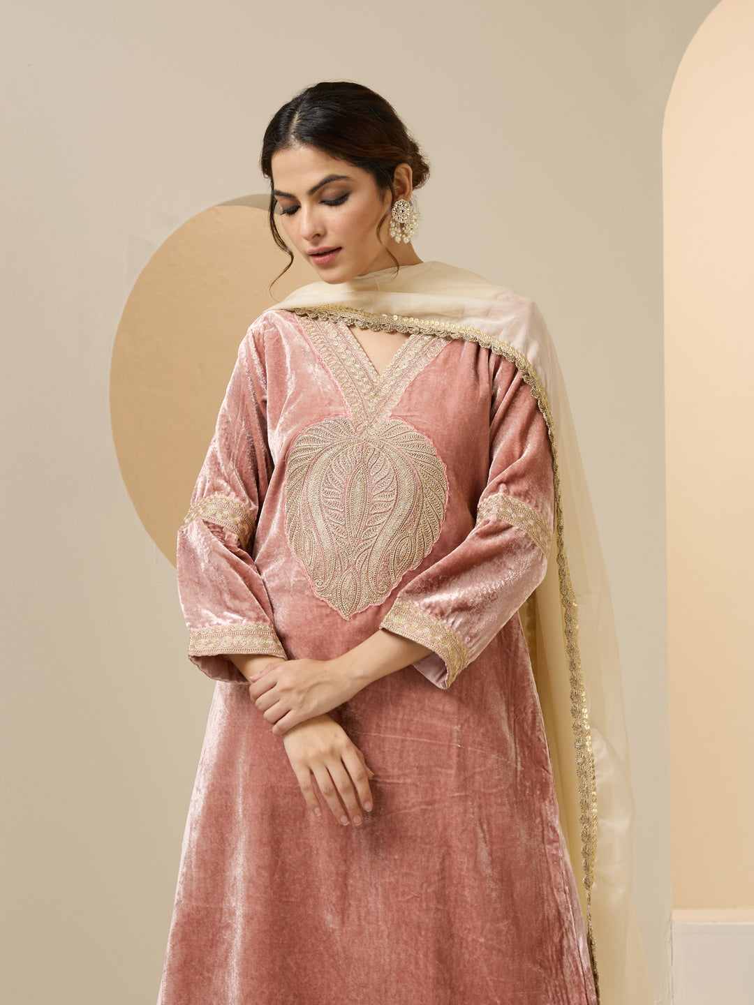 Rich Pink Velvet Embroidered Straight Kurta Set With Dupatta
