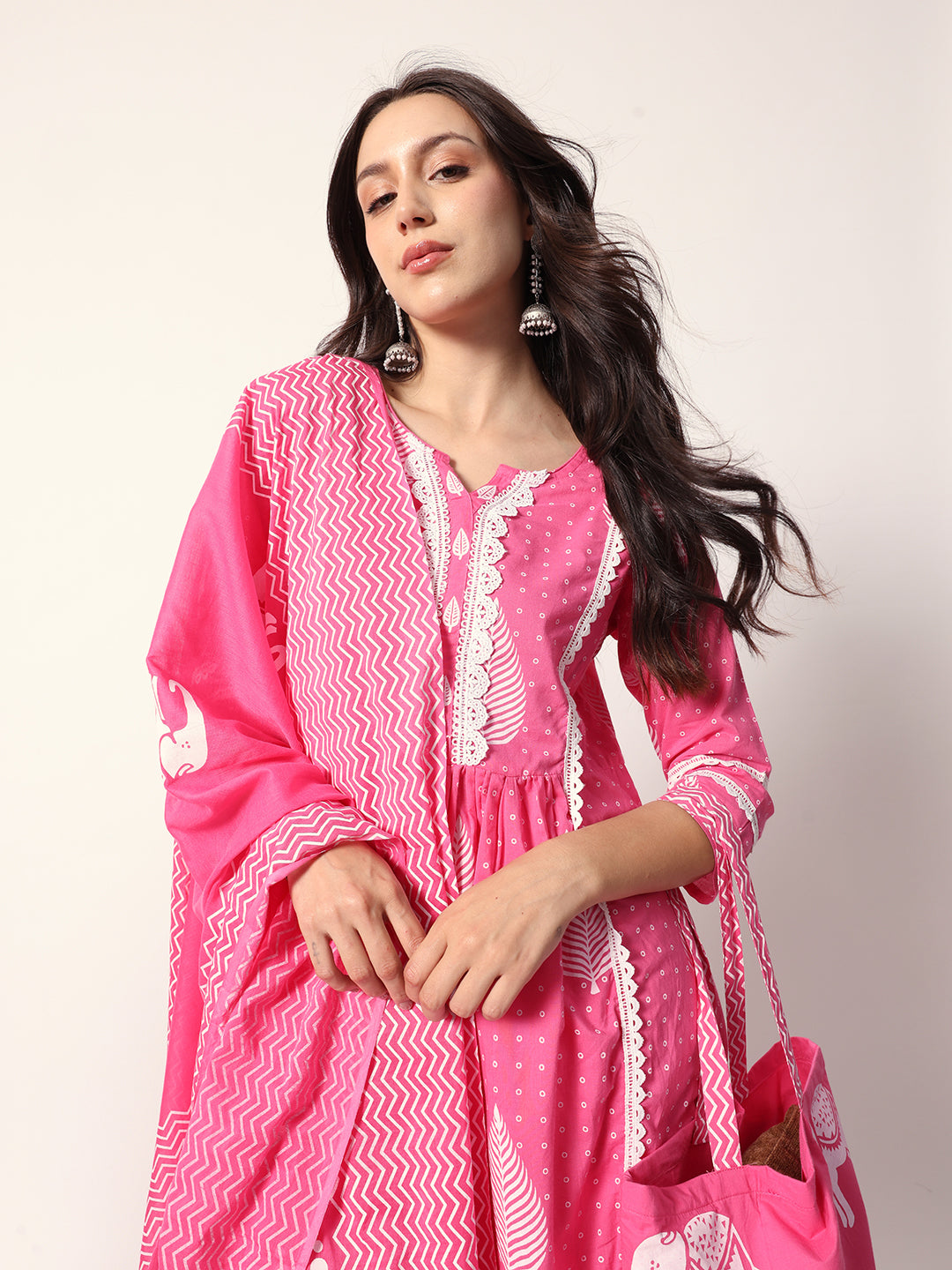 Comfy Pink cotton motif printed Aline fit kurta set with dupatta and tote bag