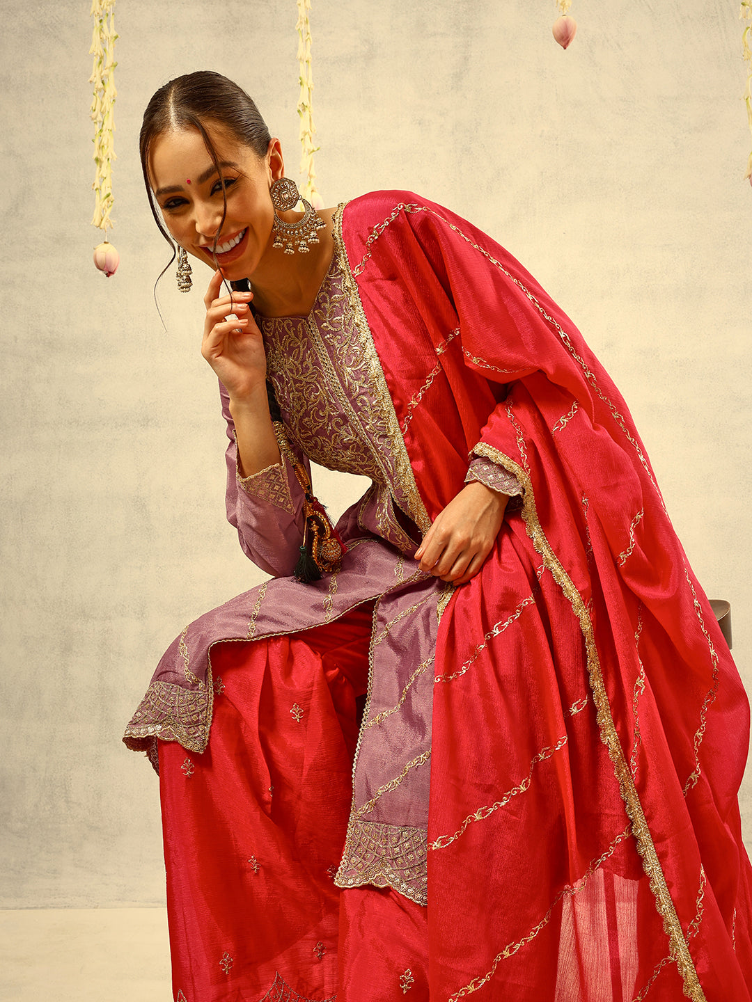 Ishin Purple Cording & Zari Embroidered  Festive Kurta with Sharara & Embellished Dupatta