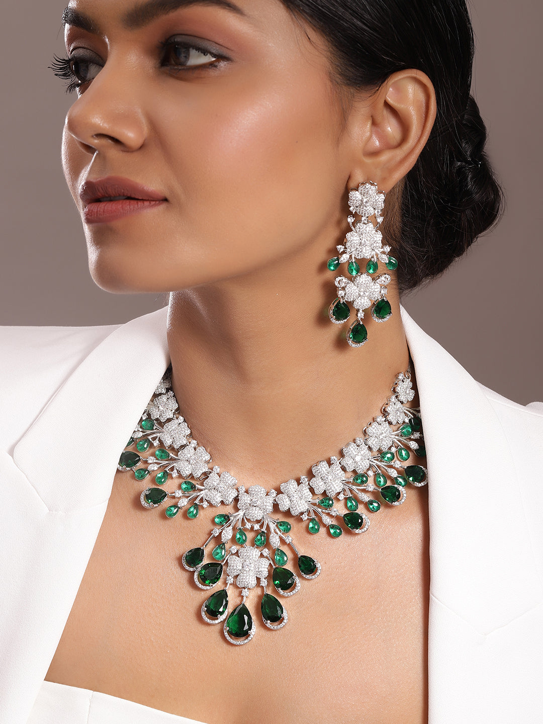 Ishin Green  Colour Silver Plated American Diamond Jewellery Set