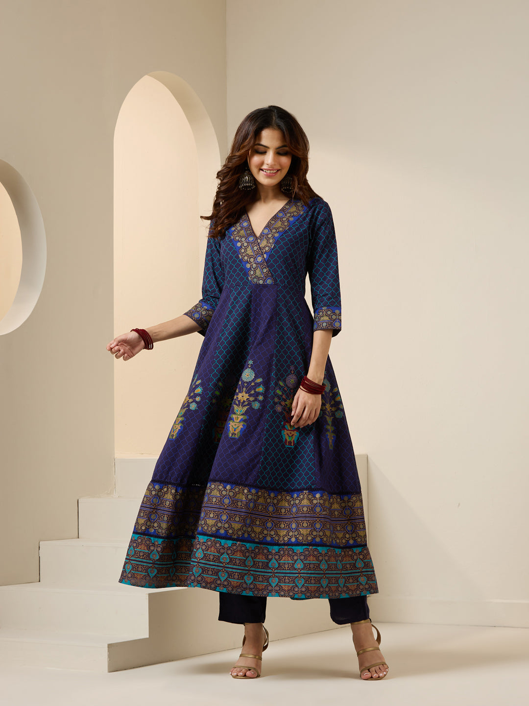 Navy Blue Soft Cotton Foil Printed Anarkali Kurta Set With Flowy Dupatta