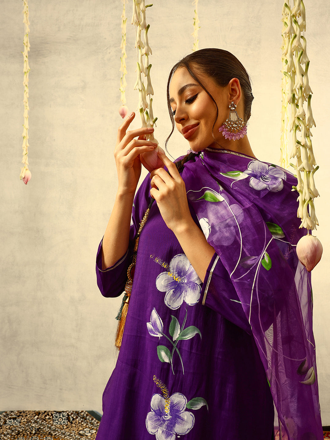 Purple Floral Hand Painted Kurta with Trouser and Dupatta