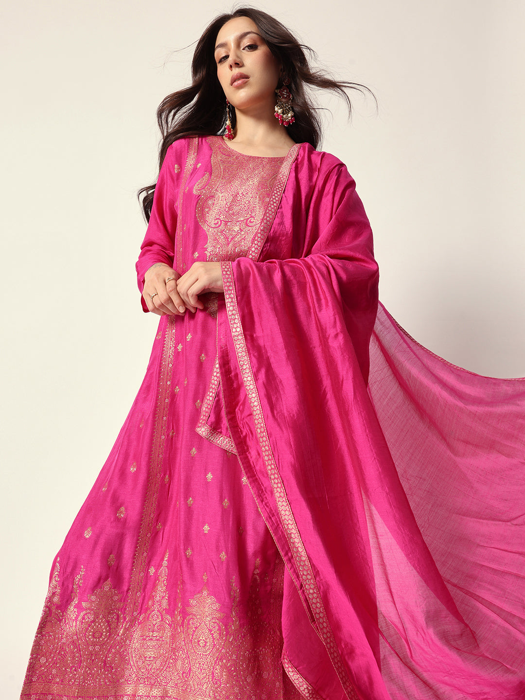 Graceful Pink poly silk foil printed straight fit kurta set with dupatta