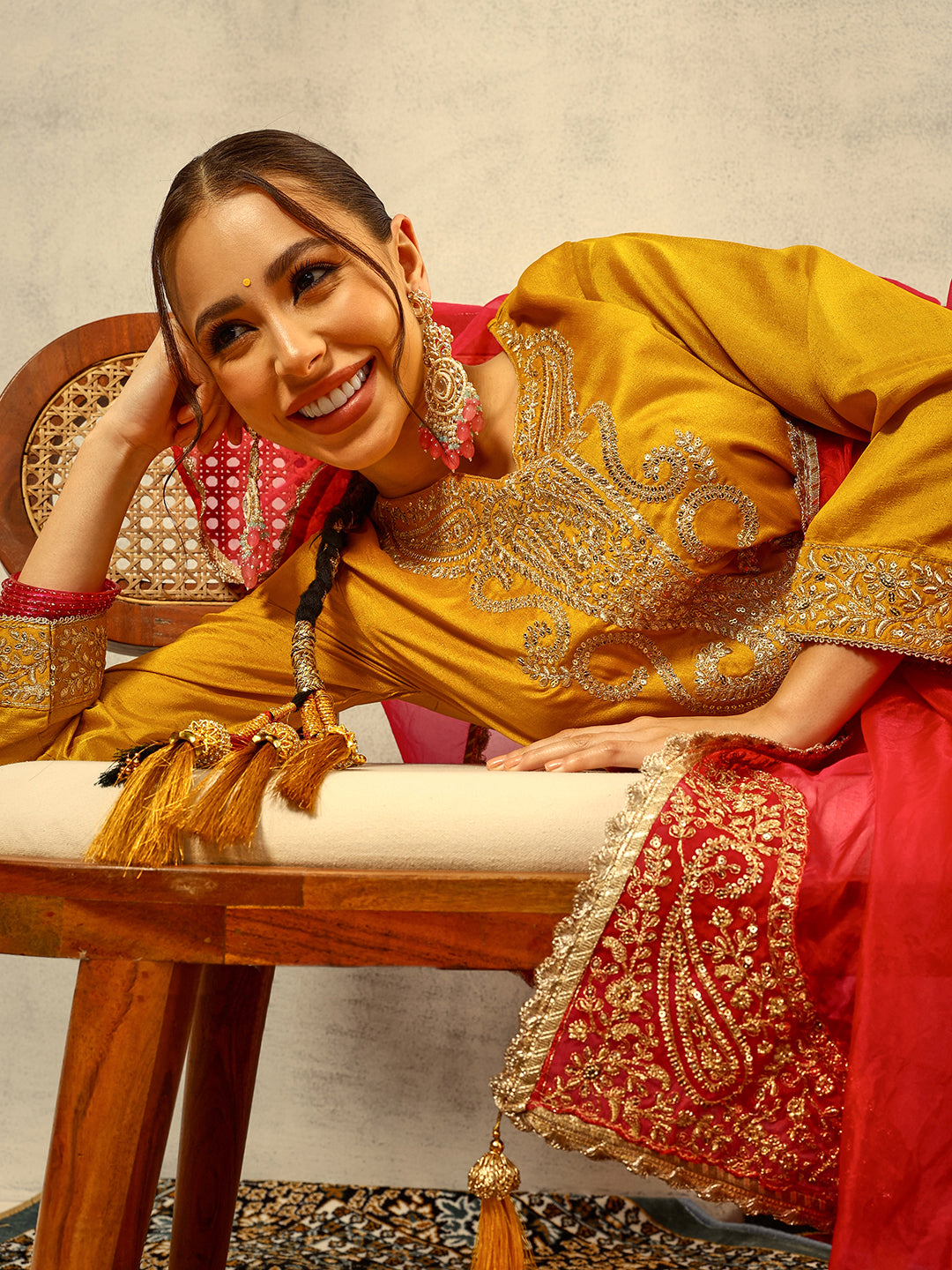 Mustard Cording & Zari Embroidered Festive Kurta with Trouser & full width Organza Dupatta