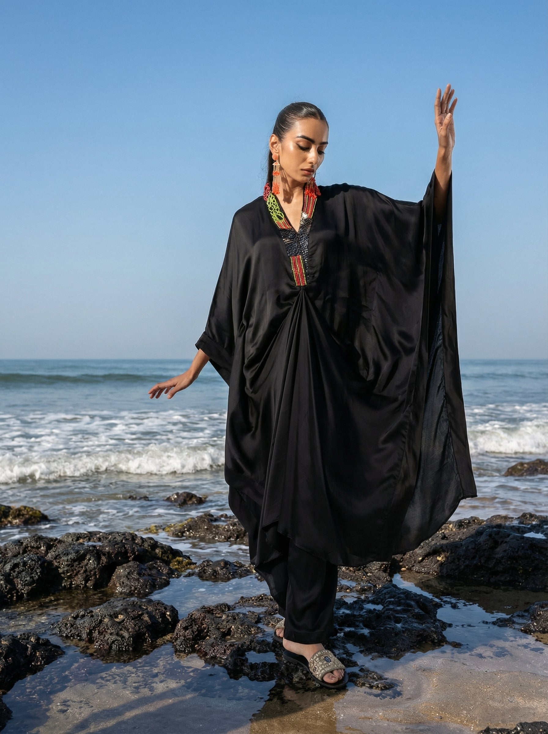 Rich Black Embroidered  Drape Kaftan set