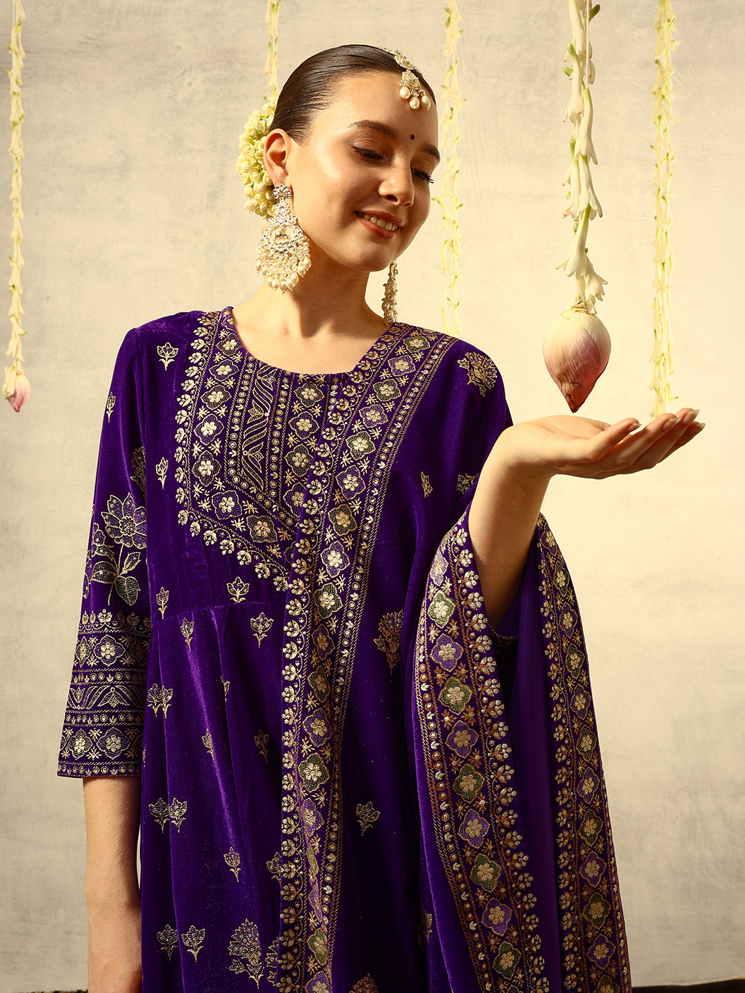 Ishin Purple Gold Printed Anarkali Festive Kurta with Trouser & Velvet Dupatta