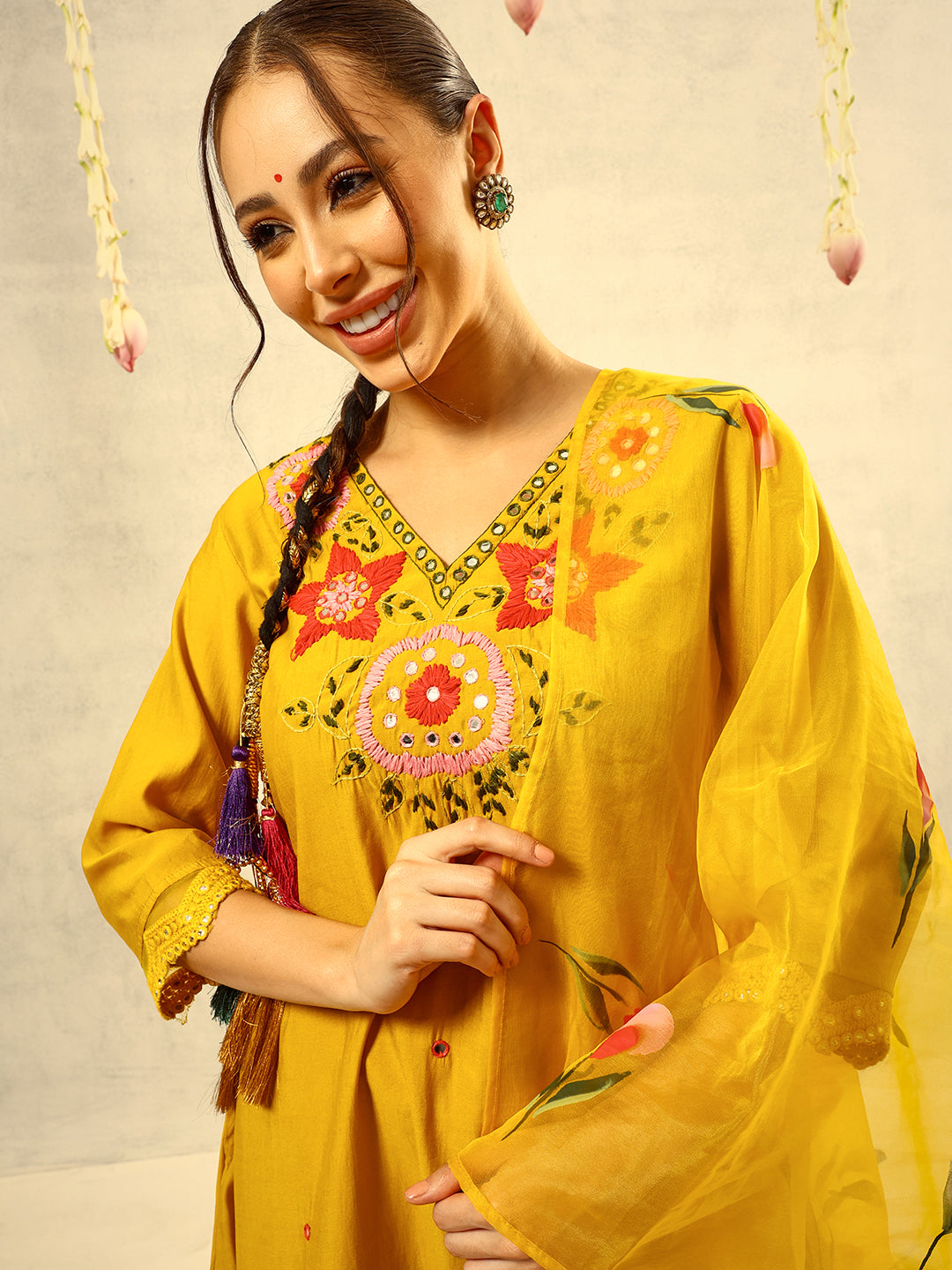 Mustard Mirror & Thread Embroidered  Festive Kurta with Trouser & Hand Painted Dupatta