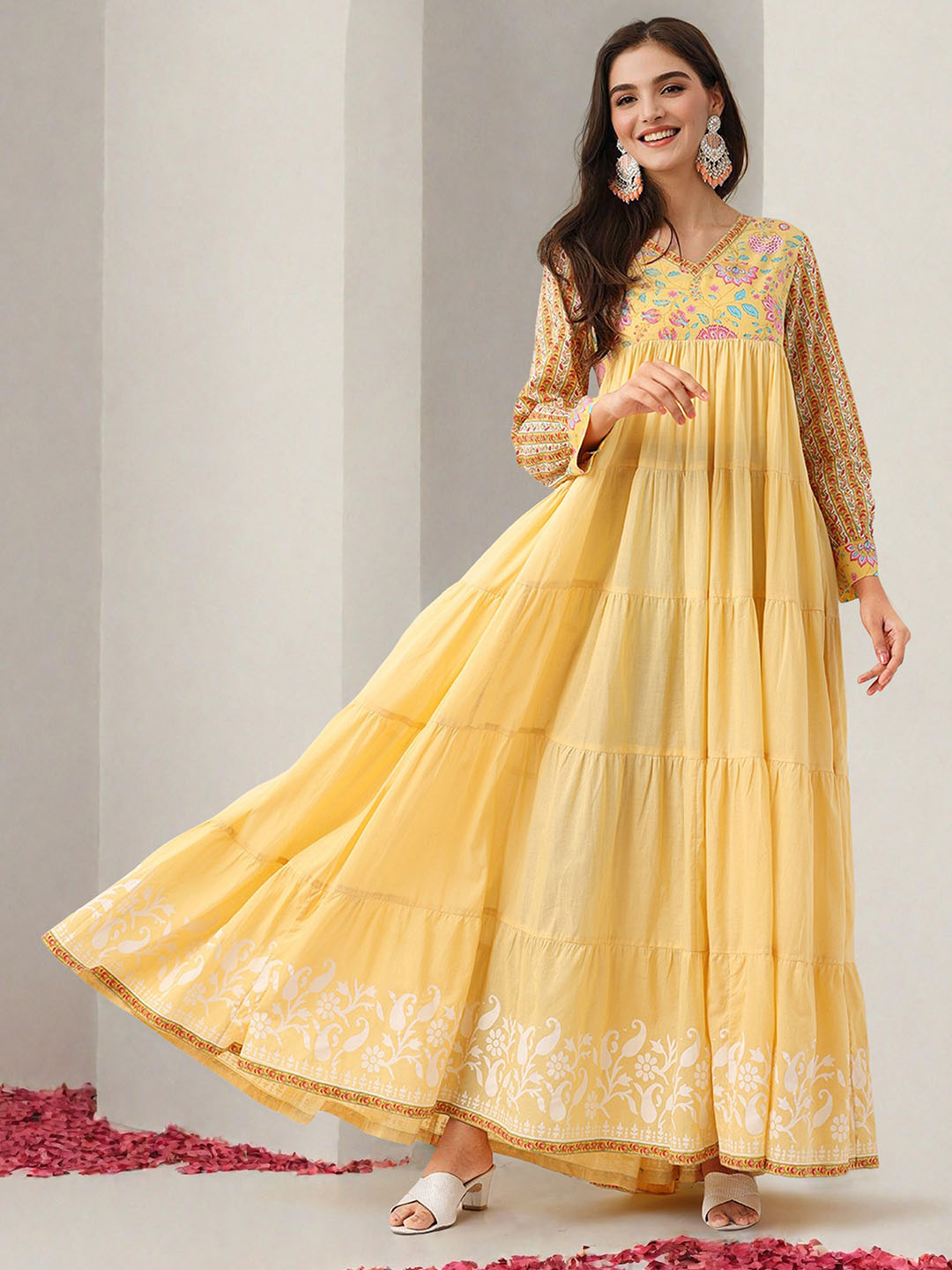 Soft Yellow Cotton Printed Fit & Flare Ethnic Gown