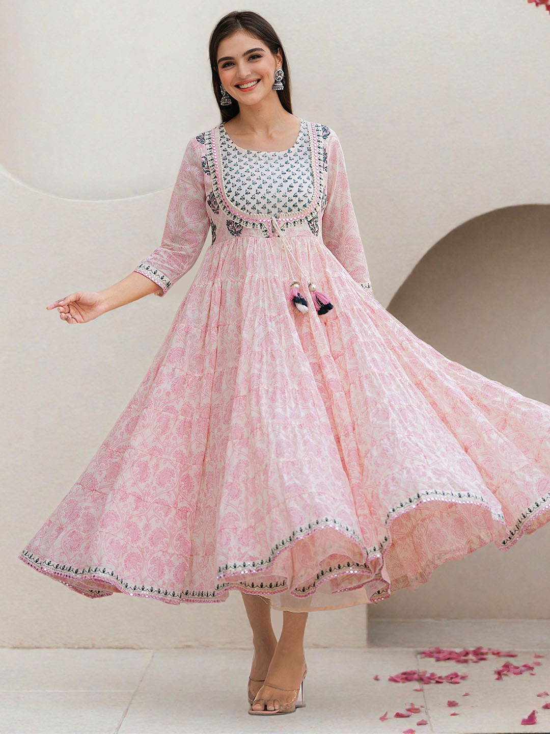 Soft Off-White Cotton Embroidered Fit & Flare Dress