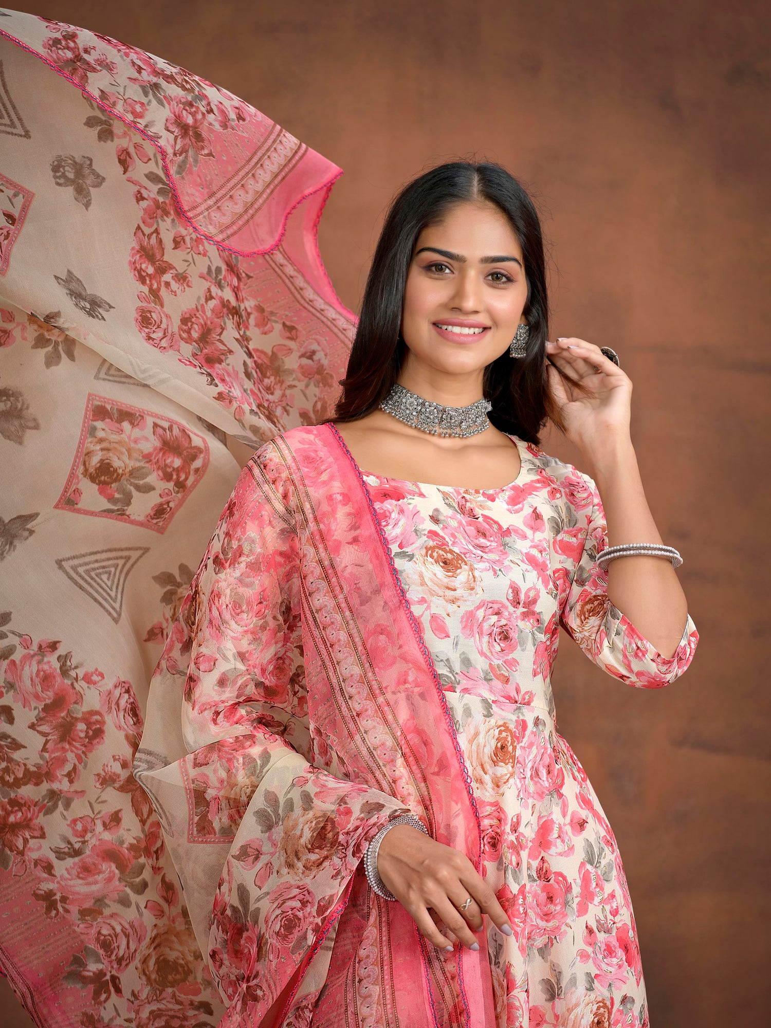 Floral Printed A-line Kurta with Trousers & Printed Dupatta