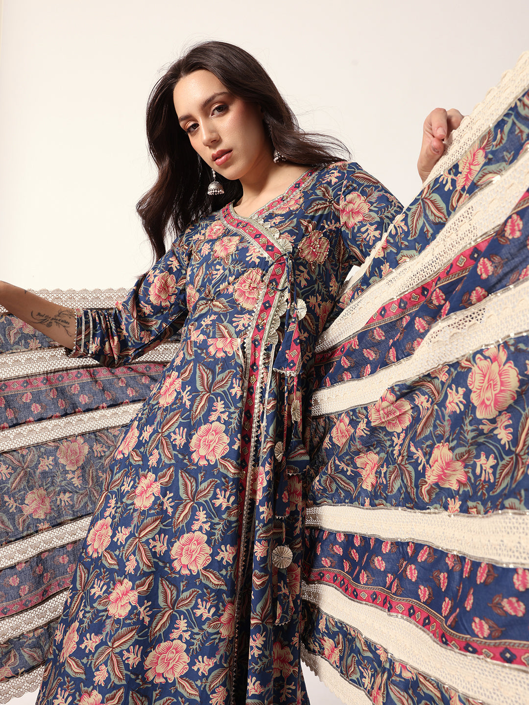 Graceful Blue cotton floral printed angrakha fit kurta set with dupatta
