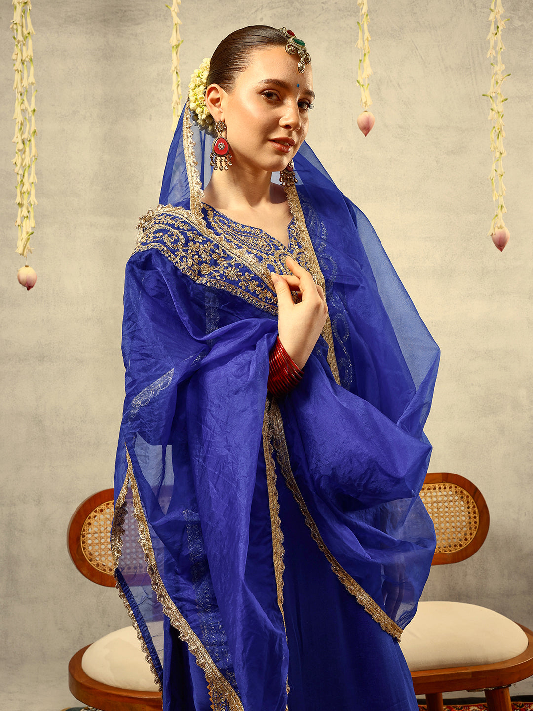 Ishin Royal Blue Cording & Zari Embroidered  Festive Kurta with Trouser & Organza Dupatta