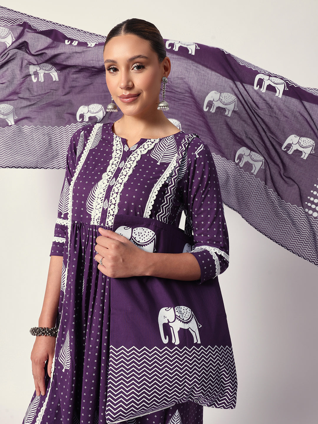 Comfy Purple cotton motif printed Aline fit kurta set with dupatta and tote bag