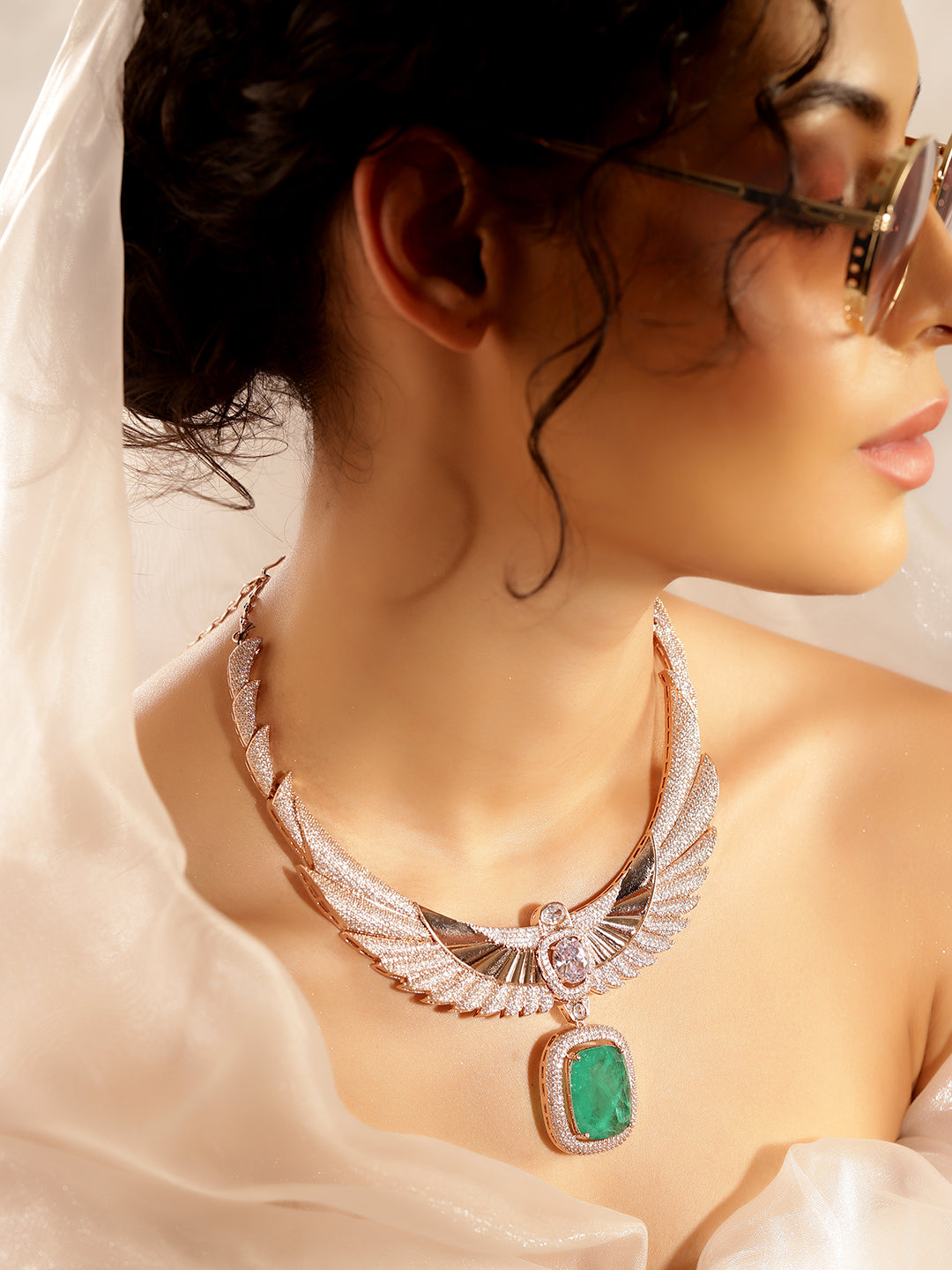 Green Colour Rose Gold Plated AD Jewellery Set