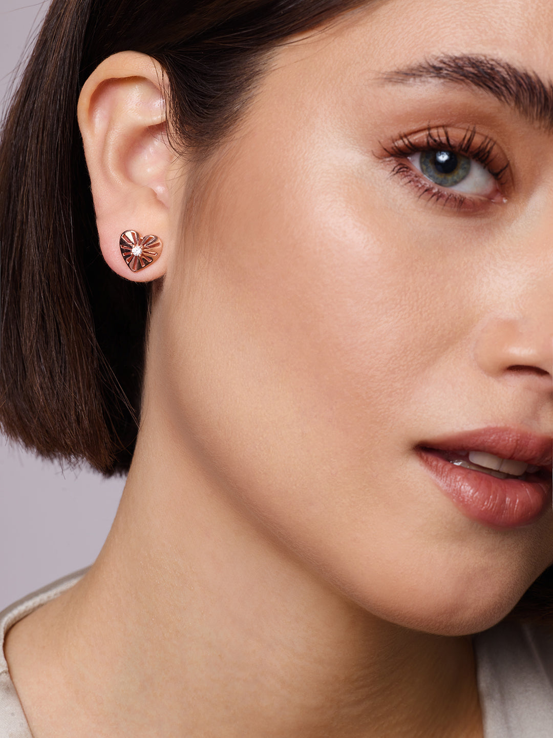 925 Silver Rose Gold Plated Zircon Heart Stud Earrings