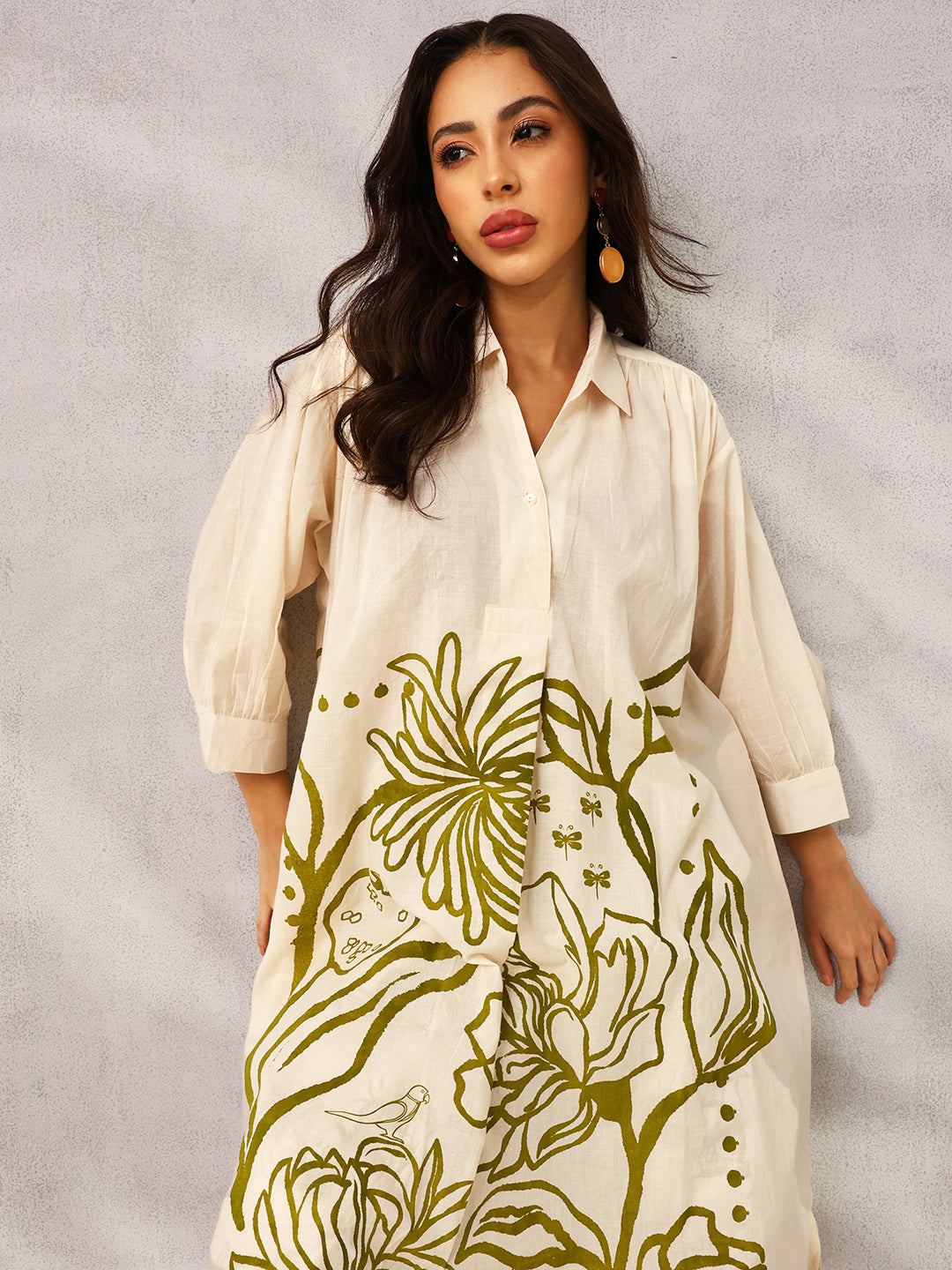 Ishin Off White  & Olive Relaxed Workwear Printed Kurta with Palazzo