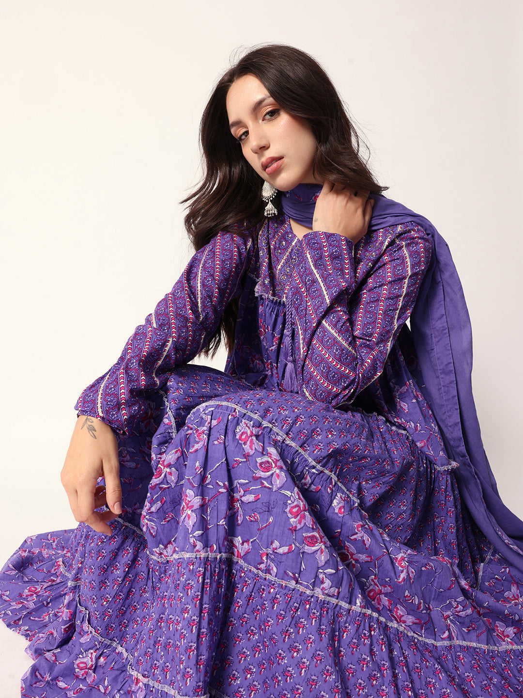 Graceful purple Cotton floral printed tiered fit kurta set with dupatta