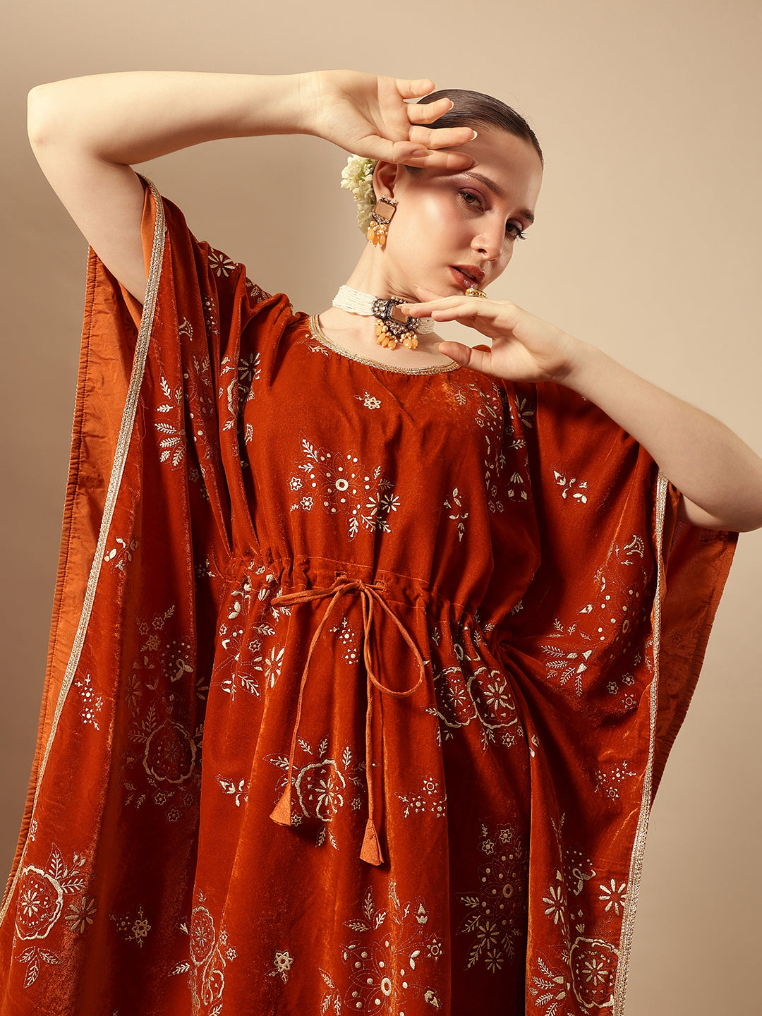 Rich Rust   Gold Print Kaftan Set Co-ords with dupatta