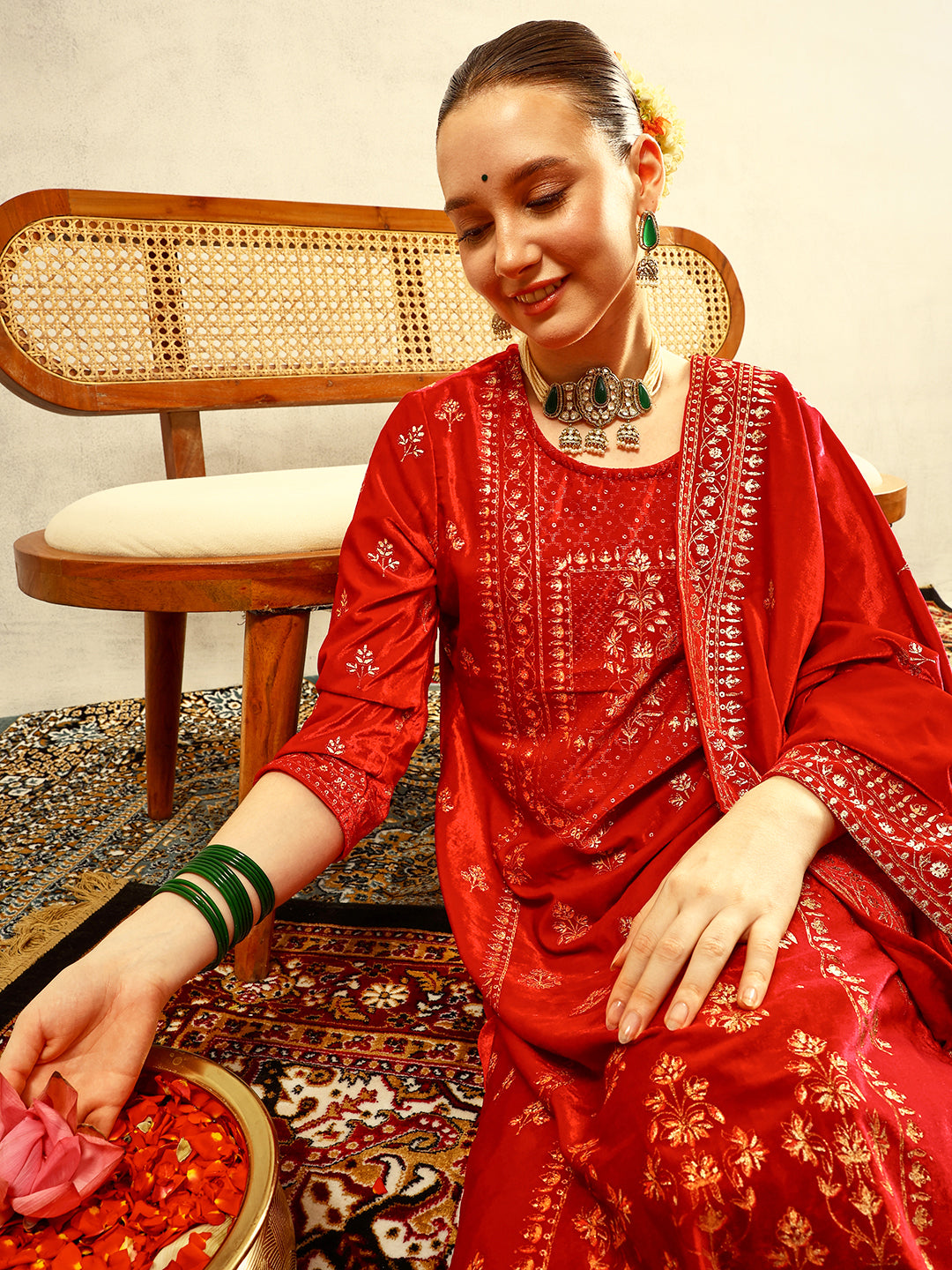 Ishin Pink Gold Print Festive Kurta with Trouser & Velvet Dupatta