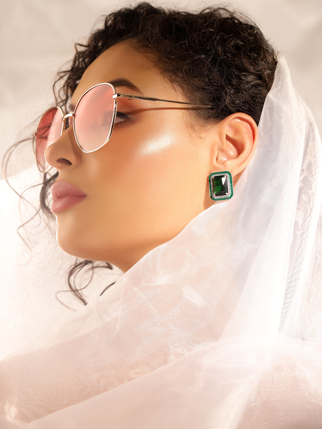 Green Colour Silver Plated AD Studs Earring