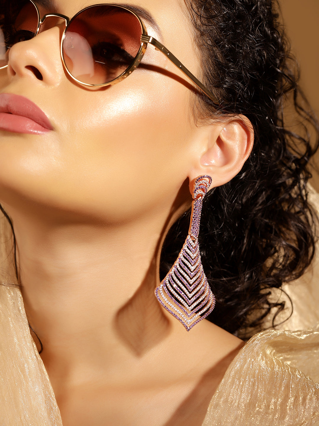 Purple Colour Silver Plated AD Drop Earring