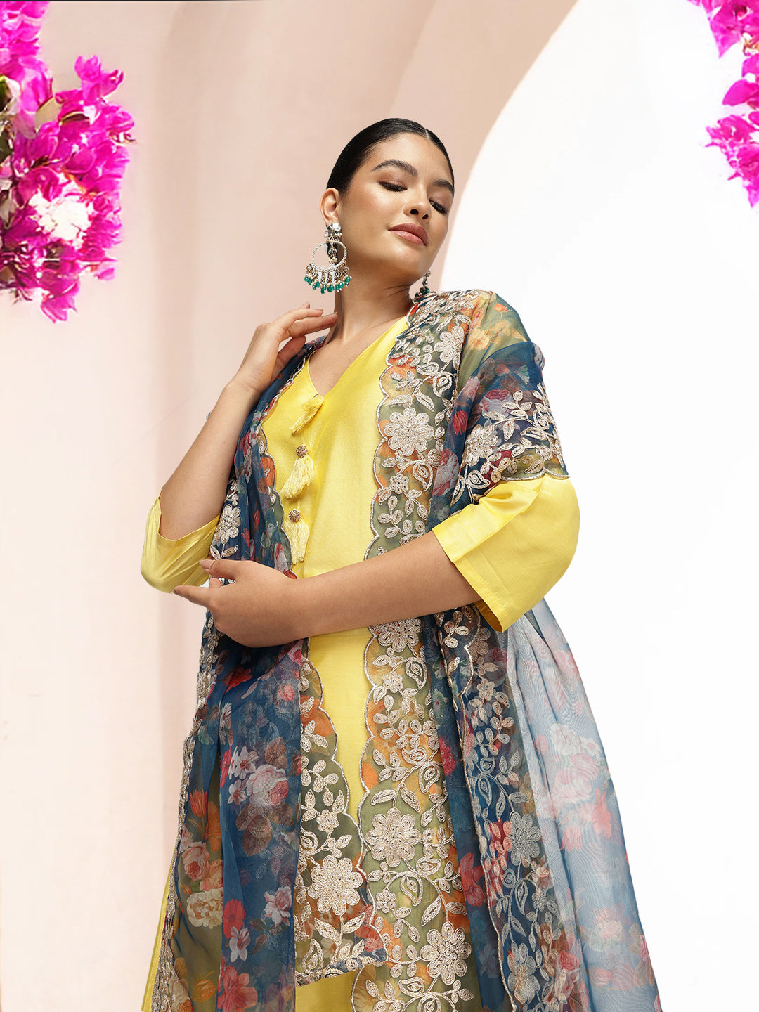 Graceful  Yellow  Poly Silk Zari Embroidered A-line Kurta Set with statement dupatta