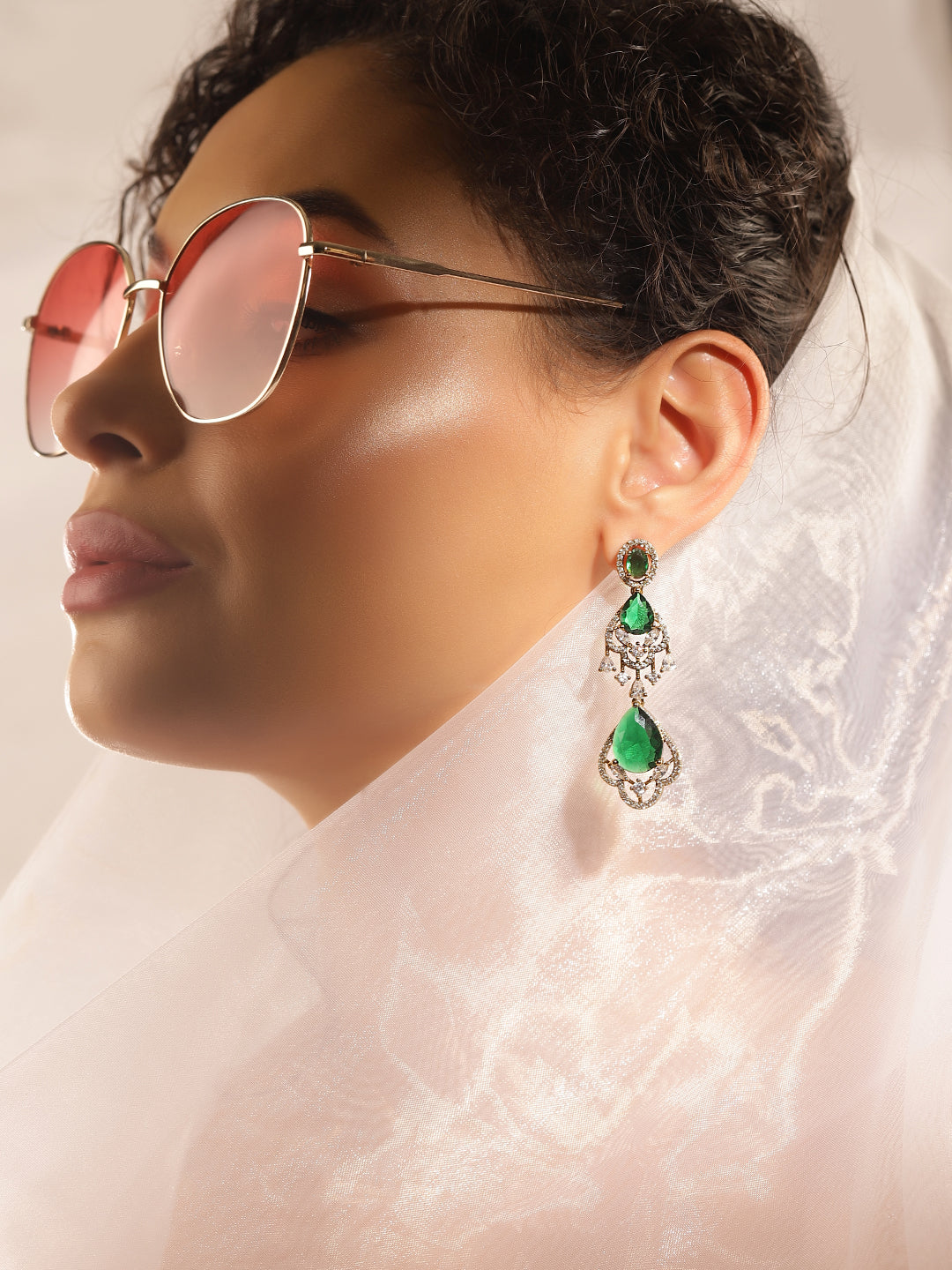 Green Colour Gold Plated AD Drop Earring